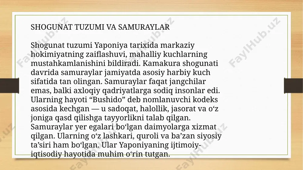 koreya bilan munosabatlar 13–15-asrlarda yaponiya xitoy va koreya bilan diplomatik hamda savdo aloqalarini davom ettirdi. ayniqsa muromachi shogunati davrida xitoy bilan savdo kuchaydi. ashikaga yoshimitsu xitoyning min sulolasi bilan rasmiy munosabatlar o‘rnatdi. bu orqali yaponiya xitoydan ipak, chinni, kitoblar, dorivor o‘simliklar olgan va o‘z navbatida qimmatbaho metall, qurol va boshqa mahsulotlar eksport qilgan. koreya bilan munosabatlar esa ko‘proq madaniy va dini yo‘nalishda bo‘lgan. zen-buddhizm, san’at, musiqa kabi ko‘plab jihatlar koreya orqali xitoydan yaponiyaga kirib kelgan. 13–15-asrlar yaponiya tarixi siyosiy beqarorlik, feodal urushlar, lekin shu bilan birga madaniy taraqqiyot davri bo‘lgan. kamakura va muromachi shogunatlari boshqaruvi mamlakatning siyosiy tizimini shakllantirdi. samuraylar axloqi — bushido yapon jamiyatining asosiy qadriyatiga aylandi. diniy ta’sirlar, ayniqsa zen-buddhizm, san’at va hayot tarziga chuqur kirib bordi. urushlar ko‘p bo‘lsa-da, adabiyot, teatr, arxitektura va boshqa sohalar rivoj topdi. e’tiboringiz uchun raxmat image5.png image6.png image3.png image4.png /docprops/thumbnail.jpeg
