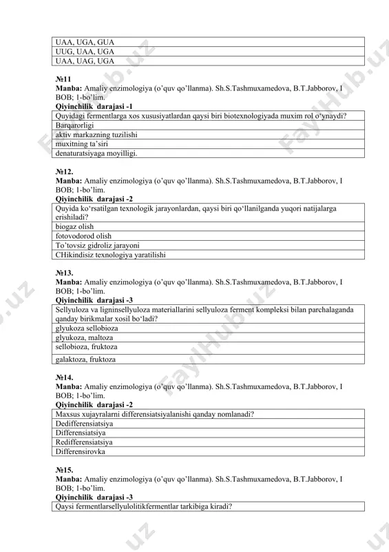 b.t.jabborov, i bob; 1-bo’lim. qiyinchilik darajasi -2 maxsus xujayralarni differensiatsiyalanishi qanday nomlanadi? dedifferensiatsiya differensiatsiya redifferensiatsiya differensirovka №15. manba: amaliy enzimologiya (o’quv qo’llanma). sh.s.tashmuxamedova, b.t.jabborov, i bob; 1-bo’lim. qiyinchilik darajasi -3 qaysi fermentlarsellyulolitikfermentlar tarkibiga kiradi? endoglyukanaza, sellobiogidrolaza, glyukozidaza, sellobiaza sellobiaza, gidrolaza, maltaza, glyukozidaza, endoglyukanaza sellobiagidrolaza, glyukozooksidaza, endoglyukanaza, glyukoamilaza glyukoamilaza, sellobiaza, maltaza, glyukozidaza №16. manba: amaliy enzimologiya (o’quv qo’llanma). sh.s.tashmuxamedova, b.t.jabborov, i bob; 1-bo’lim. qiyinchilik darajasi -2 kraxmalning parchalanish jarayonida qanday uglevodlar xosil bo‘ladi? glyukoza, maltoza fruktoza, maltoza glyukoza, sellobioza fruktoza, sellobioza №17. manba: amaliy enzimologiya (o’quv qo’llanma). sh.s.tashmuxamedova, b.t.jabborov, i bob; 1-bo’lim. qiyinchilik darajasi -1 quyida ko‘rsatilgan fermentlardan qaysi birlari kraxmal gidrolizini amalga oshiradi? -amilaza, -amilaza, glyukoamilaza -amilaza, glyukoamilaza, glikozidaza -amilaza, sellobiaza, glyukozidaza -amilaza, invertaza, sellobiaza №18. manba: amaliy enzimologiya (o’quv qo’llanma). sh.s.tashmuxamedova, b.t.jabborov, i bob; 1-bo’lim. qiyinchilik darajasi -2 glyukozani miqdorini aniqlash uchun qaysi fermentlar ishlatiladi? glyukozoksidaza, peroksidaza glyukozidaza, amilaza peroksidaza, katalaza amilaza, katalaza №19. manba: amaliy enzimologiya (o’quv qo’llanma). …