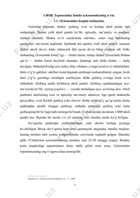 ksonkoriz, koriz, keriz; ko‘i — ayrvnko 7, oydinko‘1, oqko‘l; mashat — (asli-boshot) «suvi qumga singib keta- digan kichik buloq» — mashat, uchmashat; ob — labiob, duoba, obiravon, ro‘d, rodbor «daryo», «kanal» ro ‘dak, labiro't, ro‘dasoy; sardoba — sardoba (bir necha qishloq nomi); saqa «kanalning bosh inshoati» — toshsaqa, saqachi:; soy — bo ‘stonsoy, ilonsoy; suv —bo‘zsuv, bo‘laksuv, qorasuv; chashma — sarchashma, chashma shar- shar (sharilloq, sharillovuq) «sharshara» — sharshar, sharilloq; o'zak «suvi ba’zan qurib qoladigan kichik ariq» — ko‘ko‘zak, injenero'zak, sario‘zak qoq «cho‘ldagi katta ko‘lmak suv» — toshqoq, qizilqoq; quduq — botirquduq, oltinquduq, otquduq va hokazo. b) orooykonimlar, ya’ni rel’ef shakllari nomlarini bildiradigan oykonimlar tarkibida adir, bel, dara, dahana, do ‘ng, jar — uor, kamar, ko‘tal, tall, tepa, teva, tosh, tog‘ — tov, chosh, oy, qapchig'ay, qo'ton, qiya, qir, qum kabi atamalar (indikatorlar) qayd qilinadi. jar terimini 60 martadan ko‘proq, tosh atamasi esa qariyb 100 marta takrorlanadi. bu borada tepa …