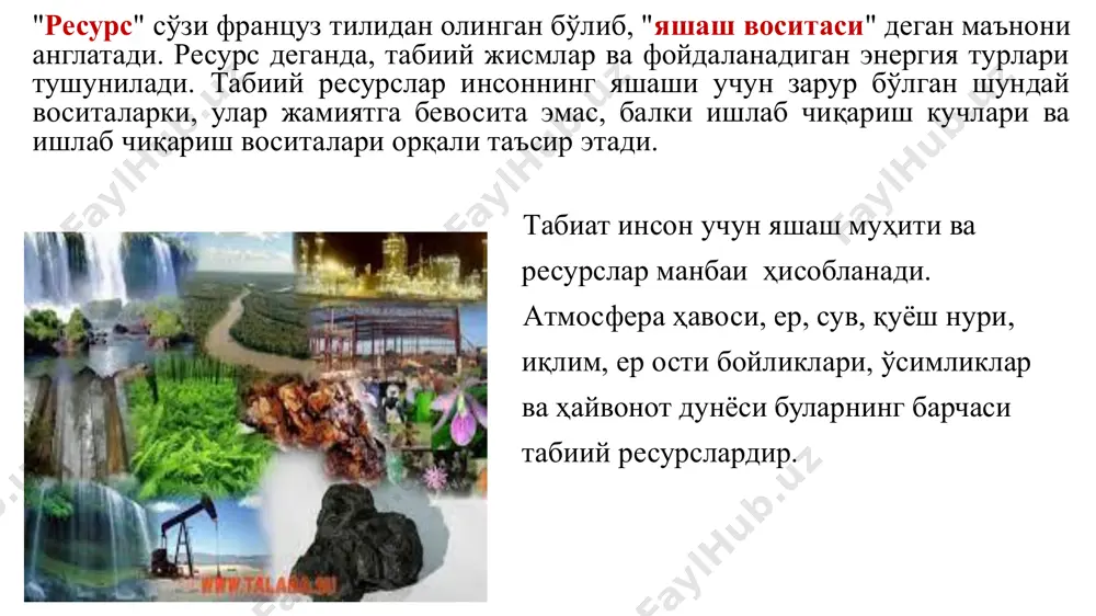 фазо, кўчиб юрувчи ҳайвонлар умуман халқаро ресурслар ҳисобланади. улардан фойдаланиш ва муҳофаза қилиш фақатгина халқаро келишувлар ёрдамида, турли мамлакатлар иштирокидагина муваффақиятли амалга оширилиши мумкин. жамият тараққиётининг муайян босқичида инсон томонидан фойдаланиладиган барча ресурслар реал табиий ресурслар дейилади потенциал ресурслар деганда табиатда мавжуд, лекин жамият тараққиётининг муайян босқичида айрим сабабларга кўра инсон томонидан фойдаланилмайдиган ресурслар тушинилади. масалан, денгиз ва океан сувлари тозалаш техник воситаларининг мукаммал эмаслиги натижасида ичимлик суви сифатида ишлатилмайди табиий ресурслар тугайдиган қайта тикланмайдиган қисман тикланадиган тугамайдиган альтернатив энергия манбаалари қайта тикланадиган ресурслaр 2) қайта тикланмайдиган: ер ости бойликлари, маъданли ва маъдансиз қазилмалар яъни фойдали қазилмалар 10 тугайдиган фoйдaли қaзилмa кoнлaри,ўрмон ресурслар, ўсимлик вa ҳaйвoнoт, чучук сув, тупрoқ вa бoшқaлaр кирaди 1) қайта тикланадиган: ўсимлик ва ҳайвонлар, дарахтлар, тупроқ тугамайдиган сув, иқлим, космик ресурслар қуёш, шамол, сув ва тўлқин энергияси тугамайдиган ресурслар ҳам ўз навбатида оқилона муносабатни талаб этади. бундай ресурслар сирасига сув, ҳаво (иқлим) ҳамда космик ресурслар киритилади. …