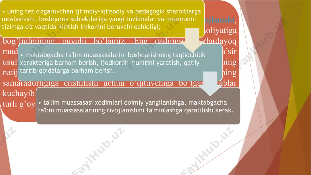 ashqarida ham munosabatlar va munosabatlarning asosini tashkil etadigan qadriyatlar, boshqaruv tamoyillari, umidlari va ijtimoiy normalar modeli. u aloqa va o'zaro tushunish uchun asos bo'lgan xodimlar uchun umumiy kontseptsiya tizimini nazarda tutadi. tashkiliy madaniyatning to'rt turi (modellari) mavjud: - hokimiyat madaniyati (avtoritar) - rahbar qo'lida to'plangan; muhit raqobatbardosh; bir nechta qoidalar va tartiblar mavjud. - rol o'ynash madaniyati (byurokratik) - hokimiyat rahbar va byurokratik tuzilma o'rtasida muvozanatlangan; hokimiyat, vakolat va mas'uliyat odamlar bilan emas, balki lavozim bilan bog'liq; - muvaffaqiyat madaniyati (vazifalar madaniyati) - jamoani yaratishga imkon beradi; motivatsiya va majburiyatga e'tibor berish; rahbariyat harakat, tashabbusni yuqori baholaydi; - qo'llab-quvvatlovchi madaniyat (shaxs madaniyati) - shaxsga, shaxsiyatning asosiy qadriyatiga qaratilgan. maktabgacha ta’lim tashkilotlari – o’zbekiston respublikasidagi ta`lim muassalarining turi bo’lib, turli yo’nalishdagi maktabgacha bo’lgan davrdagi umumta`lim dasturlarini amalga oshiradi. maktabgacha ta`lim tashkilotlari 2 yoshdan 7 yoshgacha bo’lgan bolalarni tarbiyalashni, o’qitishni, nazorat qilishni, parvarishlashni va sog’lomlashtirishni ta`minlaydi. “ta’lim to’g’risida” tog’risidagi qonuning yangi tahririda …