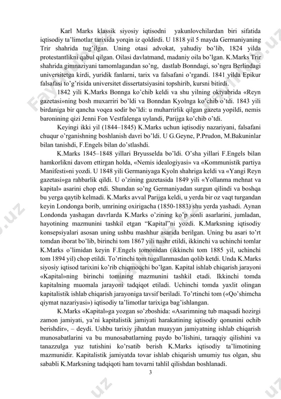 y konsepsiyalari asosan uning ushbu mashhur asarida berilgan. uning bu asari to’rt tomdan iborat bo’lib, birinchi tom 1867 yili nashr etildi, ikkinchi va uchinchi tomlar k.marks o’limidan keyin f.engels tomonidan (ikkinchi tom 1885 yil, uchinchi tom 1894 yil) chop etildi. to’rtinchi tom tugallanmasdan qolib ketdi. unda k.marks siyosiy iqtisod tarixini ko’rib chiqmoqchi bo’lgan. kapital ishlab chiqarish jarayoni «kapital»ning birinchi tomining mazmunini tashkil etadi. ikkinchi tomda kapitalning muomala jarayoni tadqiqot etiladi. uchinchi tomda yaxlit olingan kapitalistik ishlab chiqarish jarayoniga tavsif beriladi. to’rtinchi tom («qo’shimcha qiymat nazariyasi») iqtisodiy ta’limotlar tarixiga bag’ishlangan. k.marks «kapital»ga yozgan so’zboshida: «asarimning tub maqsadi hozirgi zamon jamiyati, ya’ni kapitalistik jamiyati harakatining iqtisodiy qonunini ochib berishdir», – deydi. ushbu tarixiy jihatdan muayyan jamiyatning ishlab chiqarish munosabatlarini va bu munosabatlarning paydo bo’lishini, taraqqiy qilishini va tanazzulga yuz tutishini ko’rsatib berish k.marks iqtisodiy ta’limotining mazmunidir. kapitalistik jamiyatda tovar ishlab chiqarish umumiy tus olgan, shu sababli k.marksning tadqiqoti ham tovarni tahlil qilishdan …