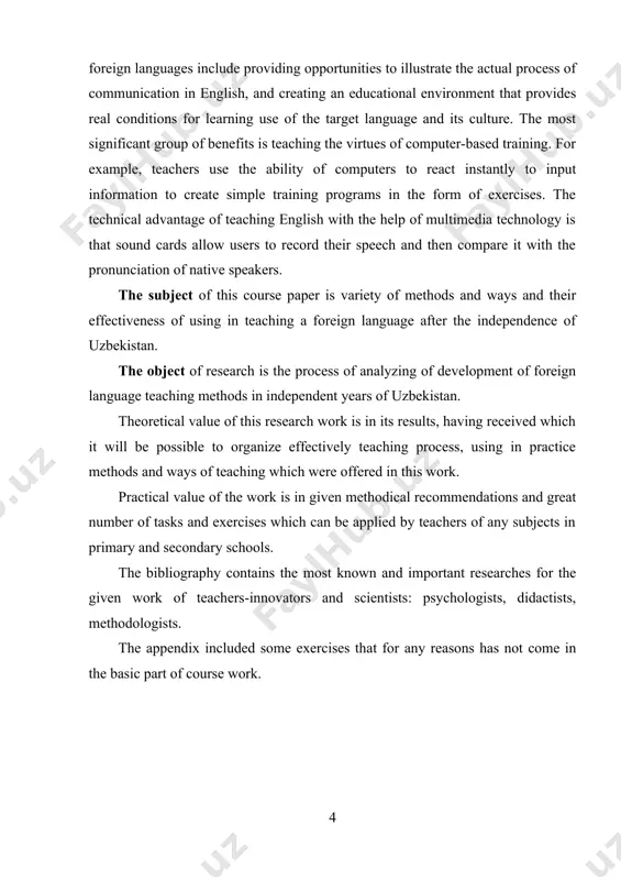 ready for change in the way foreign languages were taught and learned. nevertheless, there was uncertainty on how these changes would be implemented, what kind of changes should be introduced, who would be the initiator of the changes and what people’s reactions would be to the changes in the education sector (jalolov 2013). the reason for uncertainty was due to the fact that for almost a century uzbekistan was under the soviet union and there was not held any consistent reforms in foreign language teaching (jalolov 2013). the reforms in foreign language teaching in uzbekistan mainly touched upon teaching english language in all levels and stages of education. the start of incorporating english language teaching into the education system of uzbekistan started in 1932 (hasanova, 2007). nevertheless, teaching and learning of english as well as other foreign languages were carried out in secondary schools at the beginning of the fifth …