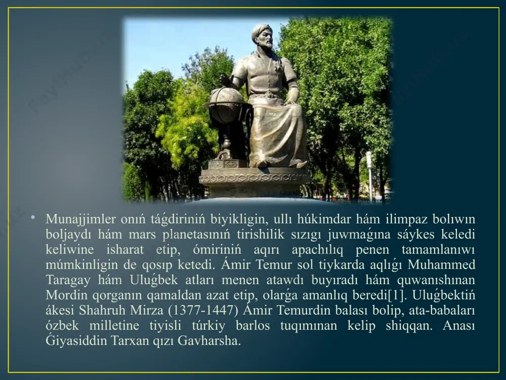 oriyasında toplangan baqlaw nátiyjeleri statistikalıq usılda uliwmalastırılıp, korrelyatsiyalasqan hám juwmaqlawshı juwmaqlar shıǵarılgan. sonday-aq, usı observatoriyanıń qolaylı imkaniyatlarınan nátiyjeli paydalanǵan. 7 usı qolaylı imkaniyatlarınan nátiyjeli paydalanǵan. akademiyası ilimpazları juldız jılınıń da eń anıq mánisin esaplap shıǵadı: bul mánisi 365 sutka, 6 saat, 10 minut, 8 sekundqa teń. sonsha anıq juwmaqlardı alıwda qollanılgan matematikalıq, trigonometriyalıq hám astronomiyalıq usıllar elege shekem jumsaq bolıp qalmaqta. uluǵbektiń aqılıy qábileti, atap aytqanda logikalıq pikirlew usılı da oǵada úlken kúshli bolǵan. belgili shayır hám jazıwshı zayniddin maxmud vosifiy (1485-j.) 1566) niń jazıwinsha, ulugbek hápteniń bir kúninde puqaralardı jeke múrájatları boyınsha qabıl etkende hám bunday qabıllaw kúnleri puqaralardıń ótken sheshiwshi mashqalalardı da júdá sheberlik penen sheshe alganın zamanlasları kórsetken hayran qalıp esleydi. uluǵbektiń oy-pikiri tek ǵana tábiyiy pánler, atap aytqanda, matematika ilimin, al jámiyetlik-siyasiy hádiyselerdi de duris talqılawga uqıplı analitikalıq pikirlew túrine tiyisli bolgan. ol, temir tanıwshı ilimpaz turǵun fayzievtiń húkimdarlar arasında ullı alım, alımlar arasında ullı dep …