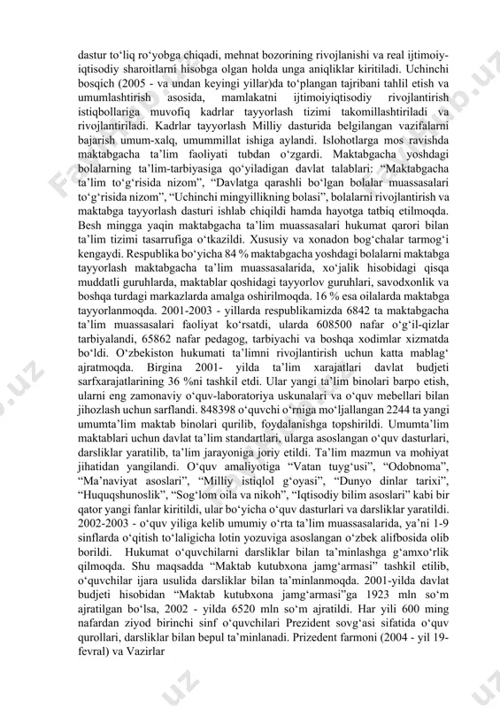 asidagi davlat siyosatining quyidagi asosiy prinsiplari belgilab berildi: · ta’lim va tarbiyaning insonparvar, demokratik xarakterda ekanligi; · ta’limning uzluksizligi va izchilligi; · umumiy o‘rta, shuningdek, o‘rta maxsus, kasb-hunar ta’limining majburiyligi; · o‘rta maxsus, kasb-hunar ta’limining yo‘nalishini: akademik litseyda yoki kasb-hunar kollejida o‘qishni tanlashning ixtiyoriyligi; · ta’lim tizimining dunyoviy xarakterda ekanligi; · davlat ta’lim standartlari doirasida ta’lim olishning hamma uchun ochiqligi; · ta’lim dasturlarini tanlashga yagona va tabaqalashtirilgan yondashuv; · bilimli bo‘lishni va iste’dodni rag‘batlantirish; · ta’lim tizimida davlat va jamoat boshqaruvini uyg‘unlashtirish. o‘zbekiston respublikasida ta’lim quyidagi turlarda amalga oshirilishi belgilandi: · maktabgacha ta’lim; · umumiy o‘rta ta’lim; · o‘rta maxsus, kasb-hunar ta’limi; • oliy ta’lim; · oliy o‘quv yurtidan keyingi ta’lim; · kadrlar malakasini oshirish va ularni qayta tayyorlash; · maktabdan tashqari ta’lim. kadrlar tayyorlash milliy dasturining maqsadi ta’lim sohasini tubdan isloh qilish, uni o‘tmishdan qolgan mafkuraviy qarashlar va sarqitlardan to‘la xalos etish, rivojlangan davlatlar darajasida, yuksak ma’naviy va axloqiy …