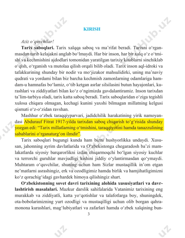 a o‘zbek xalqining bun- acer подсветить 4 yodkorlik faoliyati va fidokorona mehnatlarini o‘z ichiga olgan o‘zbekiston- ning sovet davri tarixi yoritiladi. 1917 – 1991-yillar o‘zbekiston tarixida sovet davrini tashkil qiladi. mazkur davrni quyidagi katta 2 ta bosqichga ajratish mumkin: 1) birinchi bosqich – 1917 – 1924-yillar; 2) ikkinchi bosqich – 1925 – 1991-yillar. birinchi bosqich- da mintaqada turkiston, buxoro, xorazm respublikalari tashkil qilingan bo‘lsa, ikkinchi davr 1925-yil fevralda o‘zbekiston ssrning tuzilishi bilan boshlanadi hamda 1991-yilda sovet davlatining parchalanishi bilan tugaydi. bu bosqichlar ham o‘z navbatida bir nechta kichik bosqichlarga bo‘linadi. mulohaza! 6 – 9-sinf tarix darslarida o‘tilgan davrlar (qadimgi davr, o‘rta asrlar, yan- gi davr va b.) ning o‘z ichida yana davrlashtirilishi qanday mezonlar bilan bog‘liq? o‘zbekiston respublikasi prezidenti shavkat mirziyoyev 2016-yil 14-dekabrda oliy majlis palatalarining qo‘shma majlisida so‘zlagan nutqida yaqin o‘tmish tariximizga quyidagicha baho bergan edi: “o‘zbek xalqining necha mingyillik tarixida qanday murakkab davrlar, og‘ir sinovlar bo‘lganini barchamiz yaxshi …