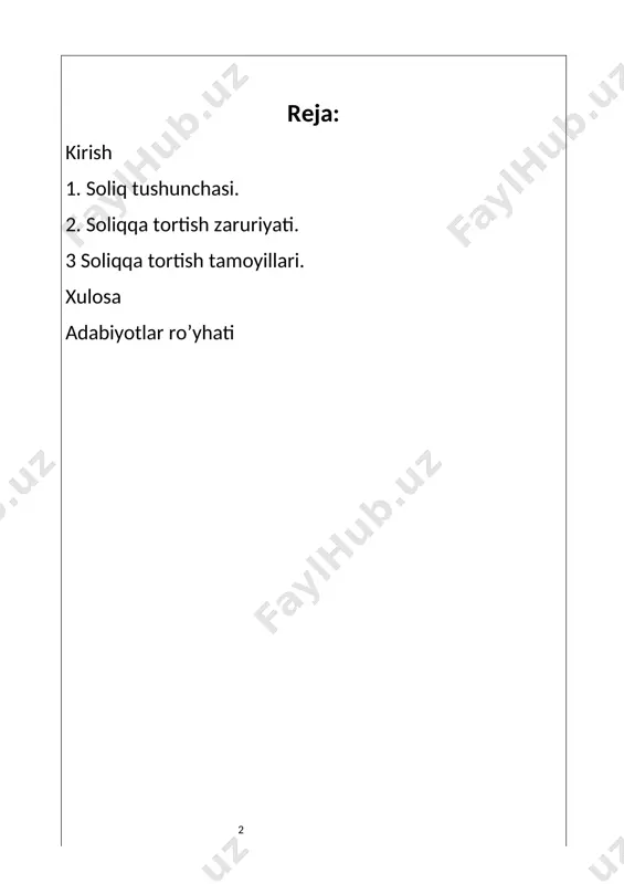 xo'jalik operatsiyalarini soliqqa tortish uchun hisobga olish tartibi to`g`risida to`la va ishonchli axborot shakllantirish, shuningdek, soliqlarning to'g'riligi, to'liqligi, o'z vaqtida hisoblanishi hamda byudjetga to'lanishini nazorat qilish uchun ichki va tashqi foydalanuvchilarni axborot bilan ta`minlash mada amalga oshiriladi. soliq hisob-kitobi tizimi soliq to`lovchi tomonidan soliq hisobi me'yorlari va qoidalarini qo'llanish ketma-ketligi, ya'ni bir soliq davridan ketma-ket boshqasiga o'tish tamoyilidan kelib chiqqan holda tashkil etiladi. soliq hisob-kitobini olib borish tartibi soliq to`lovchi tomonidan soliqqa tortish maqsadlari uchun rahbarning tegishli buyrug'i (farmoyishi) bilan tasdiqlanadigan hisobga olish siyosatida belgilanadi. soliq tizimi davlat bilan birga yuzaga kelgan va rivojlanib borgan. davlat shakllanib borishining eng ilk bossichlaridagi qurbonlik keltirishni soliqqa tortishning boshlang`ich shakli deb hisoblash mumkin. u yozilmagan qonun bo`lib, shu tariqa majburiy to'lov yoki yig'imga aylanib borgan. davlat rivojlanib borgani sari «oqsuyaklar» ushri yuzaga keldi, u cherkov uchun olinadigan ushr bilan bir vastda obro`- yazlar foydasiga e'tiborli knyazlar foydasiga undirib olinardi. ushbu amaliyot turli mamlakatlarda: …