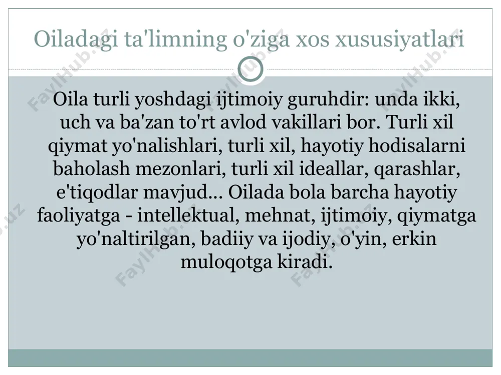 k va alkogolizm, erta jinsiy aloqa. o'z joniga qasd qilishga urinishlar (ba'zan namoyishkorona). ziddiyatli zonalar ijtimoiy hayot va odatlar (do'stlar va sheriklarni tanlash, ziyofatlarga borish, tanishish, sevimli mashg'ulotlar, uxlash vaqti, kiyim tanlash, soch turmagi, ..) mas'uliyat (uyda, uydan tashqarida ishlash, pul sarflash, narsalarni boshqarish, oilaviy mulkdan foydalanish). maktab (uy vazifasi, davomat, o'qish va o'qituvchilarga munosabat, maktabdagi xatti-harakatlar). oiladagi munosabatlar (infantil xatti-harakatlar, namoyishkorona hurmatsizlik, aka-uka va opa-singillar, qarindoshlar bilan janjallashish). o'smirlar va ota-onalar o'rtasidagi ziddiyat sabablari ajralish, to'liq bo'lmagan, aralash oilalar ajralishga hissiy reaktsiyalar shok va nima bo'lganiga ishonishdan bosh tortish qo'rquv, tashvish va kelajakka ishonchsizlik g'azab va dushmanlik (ajralishda aybdor bo'lgan kishiga) aybdorlik va o'z-o'zini hukm qilish qayg'u, yo'qotish, tushkunlik (motam) ota-onalarning yangi sherigiga hasad va teginish. ajrashgan ota-onalarning farzandlari sherigi bilan ikki baravar ko'proq muammolarga duch kelishadi to'liq bo'lmagan oilada o'smir psixologik salomatlik darajasidan past. jinsiy rolni o'zlashtirishdagi muammolar (gender identifikatsiyasi). ota-onalardan birining yo'qligi ijtimoiy mavqeni zaiflashtiradi (ko'proq huquqbuzarlik). …