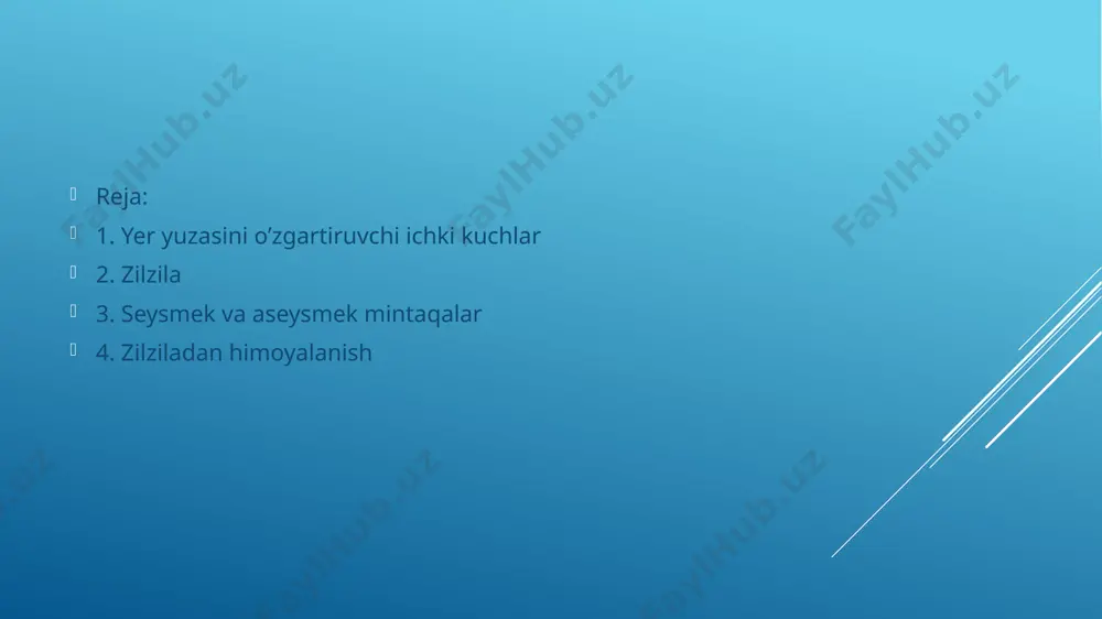 yinlashtiradi. binoni zudlil bilan tark etish birinchi qavat derazalari orqali ham amalga oshiriladi. uyga kirish yo’lini, yo’laklarni va zinapoyalarni buyimlar bilan bilan to’sib qo’ymang. o’zingizni hotirjam tuting. atrofingizdagilarni sarosimaga tushuradigan harakatlar qilmang. foydalanilgan adabiyotlar: 1. p. baratov “yer bilimi va o’lkashunoslik” 2. asror nizomov, anvar rasulov “geologiya” 3. g’ulomov, vahobov “o’rta osiyo tabiiy geografiyasi” e’tiboringiz uchun rahmat! image1.jpg image2.jpg image3.jpg image4.png image5.jpg image6.jpg image7.png image8.jpg image9.jpeg image10.jpg /docprops/thumbnail.jpeg