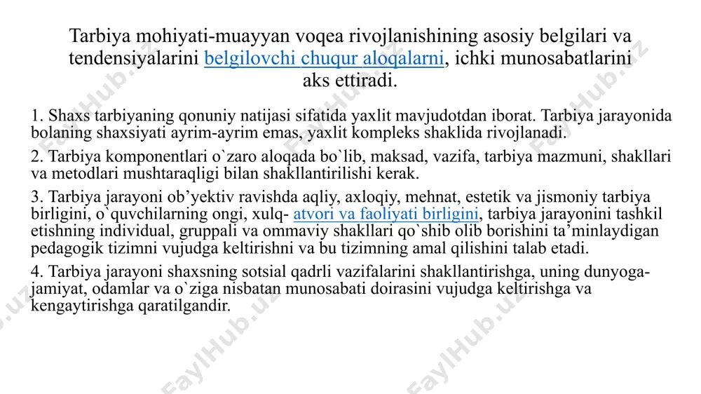 yasi unda tasvirlangan badiiy-estetik, obrazli dunyo orqali hayotni anglash mexanizmi — usuli boʻlib ham maydonga chiqadi. umuman, konsepsiya badiiy asarning sanʼat, adabiyot va madaniyat tarixidagi oʻrnini hamda oʻquvchilar ommasiga taʼsir etish darajasini belgilaydi. konsepsiyaning maqsad va vazifalari konsepsiyaning maqsadi — yosh avlodda mustaqil va baxtli hayot uchun zarur ijtimoiy malaka hamda fazilatlarni yoshiga mos, bosqichma-bosqich shakllantirishdan iborat. ushbu maqsadga erishish, uni amalda ro‘yobga chiqarish uchun quyidagi vazifalarni amalga oshirish talab etiladi: ma’naviy-axloqiy tarbiyani baholashning ilmiy asoslangan indikatorlarini ishlab chiqish; tarbiyaning homiladorlik davridan boshlanib voyaga yetgunga qadar davom etadigan, tadrijiylik va uzluksizlik tamoyillariga asoslangan metodikasini ishlab chiqish va hayotga tatbiq etish; bola tarbiyasida milliy va zamonaviy pedagogikaning ilg‘or yutuqlaridan samarali foydalanish; tarbiyalanuvchilar bilan birga tarbiyachilarning ham bilimi va malakasini muntazam oshirib borish; ma’naviy tarbiyani shakllantirishda oila, mahalla va ta’lim muassasalari, shuningdek, ommaviy axborot vositalari va boshqa ijtimoiy tuzilmalar o‘rtasida samarali hamkorlik mexanizmini yo‘lga qo‘yish; ma’naviy tarbiyaning tadrijiy rivojlanish va uzluksizlik tamoyillariga …