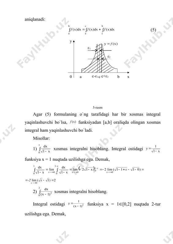 asosida с o`zgarmas у0 = φ(х0;с) tenglamadan topiladi. tenglamaning umumiy integral) (yoki yechimi) deb, с o`zgarmasning turli qiymatlarida barcha xususiy yechimlari aniqlanadigan φ(х,у,с) = 0 munosabatga aytiladi. masalan, yechimning mavjudlik va yagonalik teorema shartlari yuqorida ko`rilgan y′ = -y tenglama uchun xy tekislikning har bir nuqtasida bajariladi. tenglama umumiy yechimi y = c·cx formuladan iborat boiib, har qanday boshlang`ich y/x = x0 = y0 shart mos с o`zgarmas tan-langanda, qanoatlantiriladi. o`zgarmas с y0 = c·c-x0 tenglamadan topiladi va c = y0·ex0. differcnsial tenglamani yechish uning umumiy yechimini (yoki umu-miy integralini) topishni anglatadi. (2) differensial tenglama yechimi mavjudligi va yagonaligini ta`min-laydigan muhim shartlardan дf/дy xususiy hosilaning uzluksizligidir. ba`zi bir nuqtalarda ushbu shart bajarilmasligi va ular orqali birorta ham integral chiziq o`tmasligi yoki, aksincha, bir nechta integral chiziqlar o`tishi mumkin. bunday nuqtalarga differensial tenglamaning maxsus nuqtalari deyiladi. differensial tenglamaning integral chizig`i faqat uning maxsus nuqtalaridan iborat bo`lishi mumkin. ushbu egri chiziqlar tenglamaning …