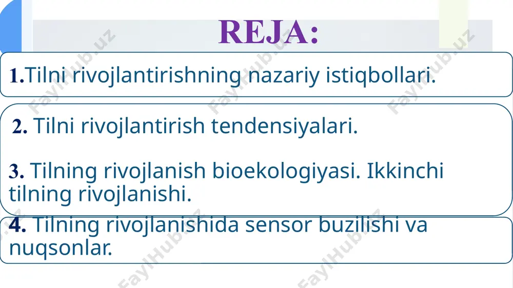 iladi. kognitiv jarayon nazariyalariga ko`ra bolalar turli darajadagi abstraksiya qoidalarini aniqlaydilar va qayta ko'rib chiqadilar, ba'zida boshqa xususiyatlarni (masalan, grammatik kategoriya), tilning bitta elementi (so'z ma'nosi) haqidagi bilimlardan foydalanadilar. ijtimoiy-madaniy nazariyalar kognitiv jarayon nazariyotchilari tilni egallash va undan foydalanish bilan bog'liq bo'lgan intellektual operatsiyalarni ko'rib chiqsalar, sotsial-madaniy nazariyotchilar ko'proq ijtimoiy o'zaro ta'sirlar tilning rivojlanishiga qanday yordam berishiga e'tibor berishadi. shu nuqtai nazardan qaraganda bolalar tildan foydalanishda ijtimoiylashish kuzatiladi. tilni ijtimoiylashtirish til haqida aniq ko'rsatmalarni (masalan, ota-onalar bolalardan "iltimos" va "rahmat" deb aytishni talab qilishi mumkin) va tegishli lingvistik xatti-harakatlarni yetkazishning ko'proq bilvosita vositalarini o'z ichiga oladi (masalan, ota-onalar tildagi keskin burilish va boshqa ijtimoiy madaniy konvensiyalarni modellashtirishlari mumkin). chaqaloqlarga yo'naltirilgan nutq - qisqa, sodda, baland ovozli nutq ko'pincha yosh bolalar bilan suhbatlashishda ishlatiladi. “alla” zamonaviy qarashlar asosida fikr-mulohazalar video: you tube tilni rivojlantirish tendensiyalari bolalarning birinchi aloqa shakli yig'lash bo`lsa, ko'p o'tmay jilmayish va kulish orqali va birozdan keyin imo-ishoralar …