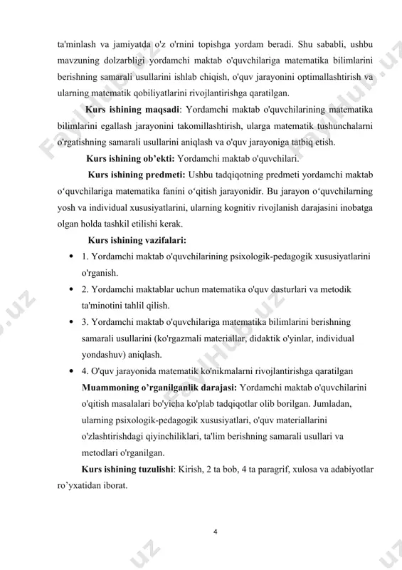. kurs ishining vazifalari: · 1. yordamchi maktab o'quvchilarining psixologik-pedagogik xususiyatlarini o'rganish. · 2. yordamchi maktablar uchun matematika o'quv dasturlari va metodik ta'minotini tahlil qilish. · 3. yordamchi maktab o'quvchilariga matematika bilimlarini berishning samarali usullarini (ko'rgazmali materiallar, didaktik o'yinlar, individual yondashuv) aniqlash. · 4. o'quv jarayonida matematik ko'nikmalarni rivojlantirishga qaratilgan muammoning o’rganilganlik darajasi: yordamchi maktab o'quvchilarini o'qitish masalalari bo'yicha ko'plab tadqiqotlar olib borilgan. jumladan, ularning psixologik-pedagogik xususiyatlari, o'quv materiallarini o'zlashtirishdagi qiyinchiliklari, ta'lim berishning samarali usullari va metodlari o'rganilgan. kurs ishining tuzulishi: kirish, 2 ta bob, 4 ta paragrif, xulosa va adabiyotlar ro’yxatidan iborat. i.bob.yordamchi maktab o’quvchilarini matematik bilimlarini egallashni ilmiy nazariy asoslari. 1.1.yordamchi maktabda aqli zaif o’quvchilarini matematika bilimlarini egallashni o’ziga xosligi. ma’lumki matematika yordamchi maktab o’quvchilari uchun eng qiyin fanlardan biri hisoblanadi. bu, bir tomondan, matematika fani tushunchalarining abstraktligi, ikkinchi tomondan, yordamchi maktab o’quvchilarining matematik bilimlarni o’zlashtirishlarining o’ziga xosligi bilan tushuntiriladi. elementar matematik tushunchalarni egallash boladan mantiqiy tafakkurlash jarayonlari …