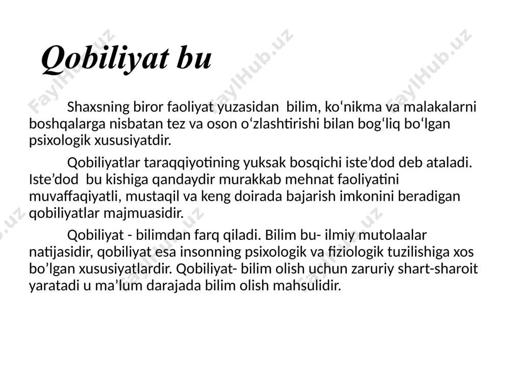 ga. o’qituvchi o’quvchining psixologiyasini va psixik holatini o’ziga singdirib idrok etadi. 4. kommunikativ , nutqiy qobiliyat ixcham, ma'noli, ohangdor, muayyan ritm chastotaga ega bo‘lgan nutq, nutqning jarangdorligi, uning pauza, mantiqiy urg‘uga rioya qilishi o’qituvchining pedagogik jamoa va ota- onalar bilan o’zaro muloqotga kirishishida muhim bo’lib, bunda o’qituvchi muomala madaniyatini muntazam o’zida singdirib shakllantirib borishi lozim. 5. tashkilotchilik qobiliyati sinf guruhi yoki kursni uyushtirish va uni boshqarish istе'dodi ya’ni sinf o’quvchilarining o’qituvchi tomonidan turli jamoat ishlariga va to’garaklarga jalb qila olishida namoyon bo’ladi. 6. psixologik tashxis (diagnoz) qobiliyati insonning kеlajagini oqilona tasavvur qilish bashorati tarbiyalanuvchilar- da qanday fazilatlar- ni taraqqiy ettirish lozimligini oldindan aytib bera olishidir. 7. diqqatni taqsimlash qobiliyati (bir nеcha ob'еktlarga bir vaqtning o‘zida ongini qarata olish); o’qituvchida diqqat- ning barcha xusu- siyatlari: hajmi, idora qilinishi, safarbarligi taraqqiy etgan bo’lishi muhimdir. 8.tashabbusga, ijodga ilhomlantirish qobiliyati bilim oluvchi- larni tashabbus- korlikka, ijodga yo’naltirish va ijodkorlikni shakllantirish. 9.gnostik qobiliyat tadqiqotga layoqatlilik …