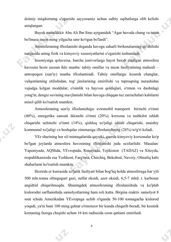 n yevropaga uchib o'tganda 50-100 tonnagacha kislorod yoqadi, ya'ni buni 100 ming gektar o'rmonzor bir kunda chiqarib beradi, bir kosmik kemaning fazoga chiqishi uchun 16 km radiusida ozon qatlami emiriladi. atmosfera havosining ifloslanishida qishloq xo'jalik ishlab chiqarishining ham hissasi bor, bunda parrandachilik va chorvachilik komplekslari, go'sht kombinatlari, kimyoviy o'g'itlar, zararli ximikatlar ko'proq ta'sir etadi. bulardan tashqari kanalizasiya shaxobchalaridan, avtomobil g'ildiraklaridan, oyoq kiyimidan, oshxonalardan va boshqalardan chiqqan chang, gazlar, hidlar ham atmosferani ifloslaydi. havoning ifloslanishi natijasida vujudga keladigan salbiy holatlar va uning oqibatlari. havoning kuchli ifloslanishi insonlar sog'lig'iga, qolaversa barcha jonzotlarga salbiy ta'sir ko'rsatadi. bir kishi sutka davomida o'rtacha 25 kg havo bilan nafas oladi. havo tarkibidagi zarali chang, qurumlar, zararli gazlar kishi organizmida to'planaveradi. oqibatda teri va ko'z kasalliklari, jigar serrozi, qonbosimining ortishi, surunkali bronxit, enfizima, nafas qisish va o'pka raki kabi kasalliklarning ko'payishiga sabab bo'ladi. bolalar o'rtasida umumiy kasallanishning ortishi qayd qilingan. havoda oltingugurt oksidi ko'p bo'lishi natijasida kishilarda …