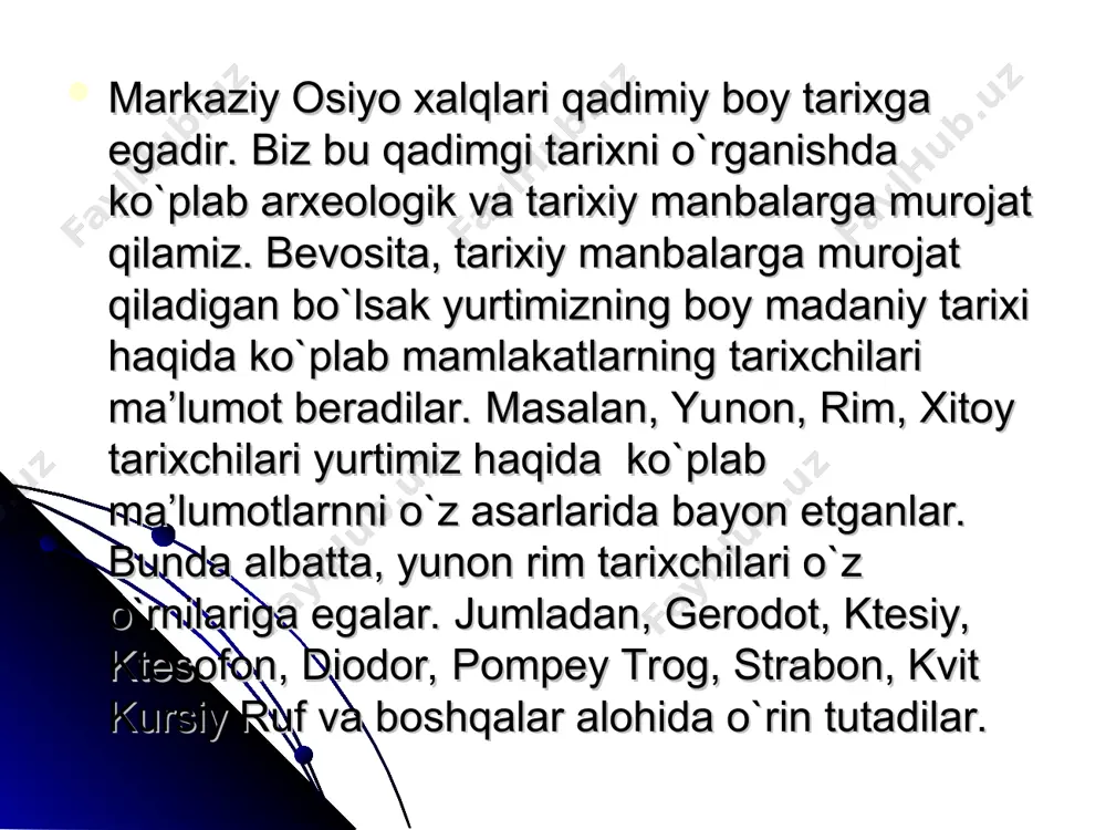 il avv.63 – mil 23y) o`rta osiyo tarixini yoritishda xitoy tarixchilari ham o`z hissalarini qo`shganlar. lekin ular o`z asarlarini ma’lum bir maqsad va manfaatlarini ko`zlab yozganlar va xalqlarning tarixi ko`p hollarda bir tomonlama yoritilgan. lekin xitoy manbalarida bo`lib o`tgan voqealarning vaqti va o`rni, bir-biriga qarshi turgan qo`shinlarning aniq soni ko`rsatilgan. bevosita bu manbalarga to`xtaladigan bo`lsak ularga xitoy tarixshunoslarining otasi sima siyanning “tarixiy estaliklar”, yirik tarixchi bian guning “avvalgi xon sulolasining tarixi”, fan xuaning “keyingi xon sulolasining tarixi” va boshqa asarlarni misol qilib keltirishimiz mumkin. xitoydan o`rta osiyoga elchi qilib jo`natilgan chjan szyan ham o`z estaliklarida bu yerlar haqida turli ma’lumotlar keltirgan. bu asarlada ular o`lka tarixi ularning qadimiy xalqlari turmush tarzi madaniyati haqida ma’lumotlar berib o`tadilar. o`lkamiz tarixi haqidagi yana bir muhim manbalardan biri o`rxun-enasoy obidalari hisoblanadi. bu bitiktoshlarga to`n yuquq, bilgi xoqon, kultegin va ongin bitiklari kiradi. bu bitiktoshlar yurtimiz tarixida mavjud bo`lgan ko`k turklar davlati haqida uning aholisi, …