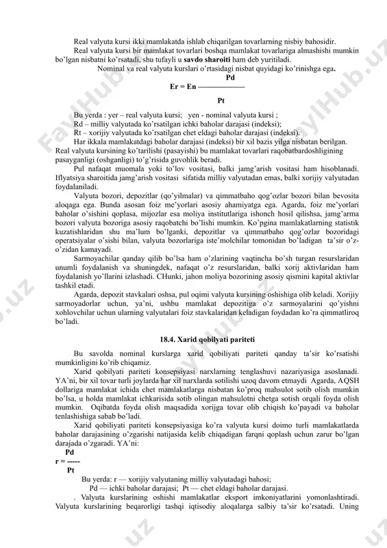to’g’ri bog’liq bo’lib, bu o’sha boshqa davlat buyumlariga va demak, xorijiy valyutaga talabning cheklanishiga olib keladi. 18.3. valyuta kursi va uni belgilovchi omillar barcha xalqaro bitimlar valyutalarni ayirboshlash orqali olib borilishi tufayli har qanday ayirboshlashda bo’lgani kabi valyuta bahosini yoki valyuta kursini aniqlash zaruriyati paydo bo’ladi. shunday qilib, valyuta kursi – bu, bir mamlakat pul birligining boshqa mamlakatlar pul birligida ifodalangan bahosidir. valyuta kursini o’rnatish kotirovkalash deb ataladi. u to’g’ri va teskari kotirovkalashga ajratiladi. agar xorijiy valyuta birligining bahosi milliy valyutada ko’rsatilsa, bunga to’g’ri kotirovkalash deb ataladi. masalan, 1 aqsh dollari 975 so’mga, 1 rossiya rubli 32 so’mga teng va hakozo. teskari kotirovkalashda milliy valyutaning bir birligiga to’g’ri keladigan xorijiy valyutaning miqdori o’rnatiladi. masalan, 1 o’zbek so’mi 0,001025 aqsh dollariga to’g’ri keladi. dunyoning ko’p mamlakatlarida, shu jumladan, o’zbekistonda ham to’g’ri kotirovkalash qabul qilingan. valyuta bozoridagi talab va taklifni solishtirish natijasida valyutaning bahosi yoki kursi aniqlanadi. o’zbek so’mining kursi o’zbekiston valyuta …