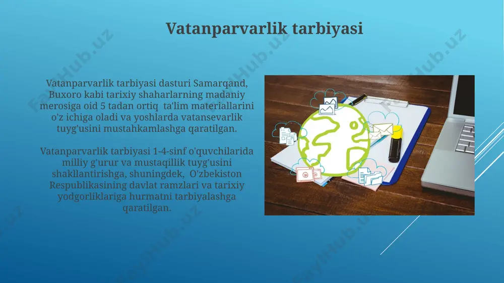 n madaniy taraqqiyot strategiyasi 3 ta asosiy yo’nalishni belgilab, milliy musiqa va raqs an’analarini, shuningdek, 5 ta yangi teatr majmuasini qurib bitkazishni o’z ichiga oladi. huquqiy madaniyat samarqand viloyatidagi 200 dan ortiq maktabda huquqiy madaniyat darslari oʻqitiladi, bu yerda oʻquvchilarga konstitutsiya va jinoyat kodeksining asosiy qoidalari bilan birga, inson huquqlari deklaratsiyasi ham oʻrgatiladi. oʻzbekiston respublikasining 2017-yil 29-dekabrdagi “ta’lim toʻgʻrisida”gi qonuni huquqiy madaniyatni shakllantirishda ta’lim muassasalarining 3 ta asosiy vazifasini belgilab beradi: huquqiy bilimlarni oʻrgatish, huquqiy ongni tarbiyalash va huquqiy xulqni shakllantirish. vatanga sadoqat va fidoyilik бухоро ва самарқанд каби тарихий шаҳарлардаги қадимги обидалар ватанга бўлган муҳаббатнинг, садоқат ва фидоийликнинг яққол тимсолидир. 1941-1945 йиллардаги улуғ ватан урушида 2 миллионга яқин ўзбекистонлик жанг майдонларида ватан ҳимоясида фидокорона курашди, кўплаб орден ва медаллар билан тақдирланди. tarix va xotira “tarix va xotira” loyihasi doirasida o‘zbekistonning 12 ta viloyatida 500 dan ortiq tarixiy obida va madaniy meros obyektlarining 3d modellari yaratildi va ular onlayn platforma …