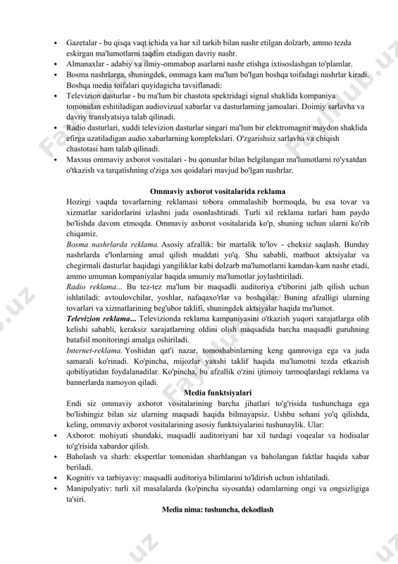 ng, bir qarashda ko'rinadigan darajada qiyin bo'lmagan bu savolni ko'rib chiqaylik. avvalo, biz davriy bosma nashrga e'tibor qaratamiz. bu faqat yiliga kamida bir marta nashr etiladigan va o'zgarmas sarlavhali nashrga, shuningdek ma'lum bir nashr raqamiga tegishli. ushbu ma'lumotni tarqatish uslubining keng rivojlanishi tufayli, u yanada batafsil o'linishga ega bo'ldi. bosma ommaviy axborot vositalarining turlariga quyidagilar kiradi: · jurnallar - dolzarb siyosiy, ijtimoiy, ilmiy, ishbilarmonlik va boshqa masalalarga oid turli xil maqolalarni o'z ichiga olgan davriy nashr. · gazetalar - bu qisqa vaqt ichida va har xil tarkib bilan nashr etilgan dolzarb, ammo tezda eskirgan ma'lumotlarni taqdim etadigan davriy nashr. · almanaxlar - adabiy va ilmiy-ommabop asarlarni nashr etishga ixtisoslashgan to'plamlar. · bosma nashrlarga, shuningdek, ommaga kam ma'lum bo'lgan boshqa toifadagi nashrlar kiradi. boshqa media toifalari quyidagicha tavsiflanadi: · televizion dasturlar - bu ma'lum bir chastota spektridagi signal shaklida kompaniya tomonidan eshitiladigan audiovizual xabarlar va dasturlarning jamoalari. doimiy sarlavha va davriy …