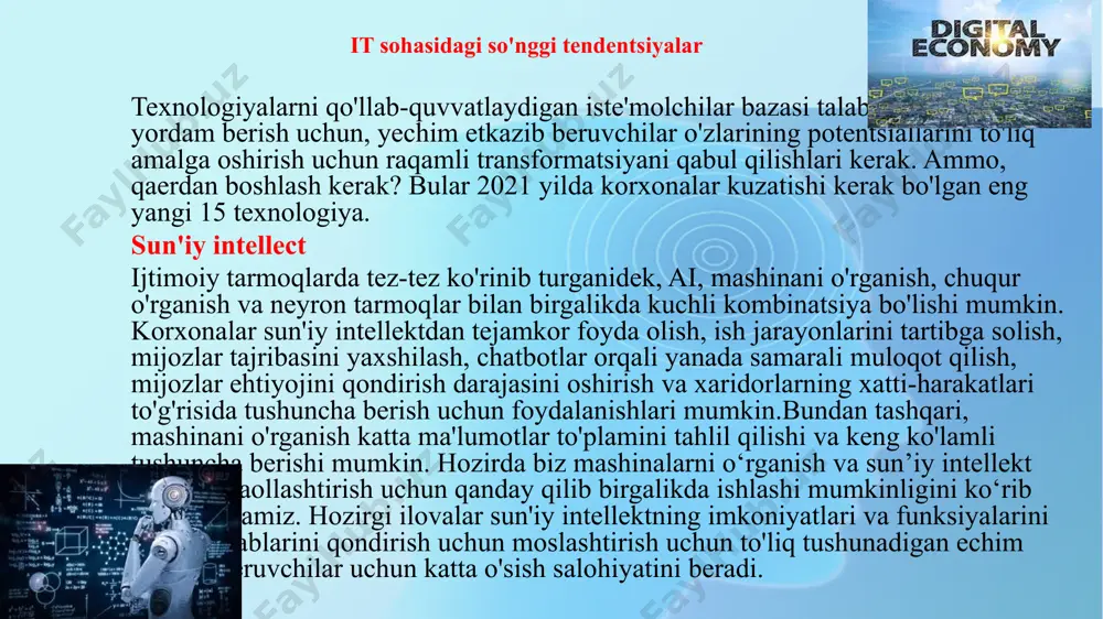 shlab chiqdi. shu bilan birga, google mashinasozlik uchun google prediction api bulutli xizmatini ishga tushirdi, u tuzilmagan ma'lumotlarni tahlil qiladi; 2014-yilda facebook foto va videolarda yuzni tanib olish uchun deepface neyron tarmog‘ini ishlab chiqdi. uning algoritmi 97% aniqlikda ishlaydi; 2015 yilda amazon amazon machine learning mashinani o'rganish platformasini ishga tushirdi va bir necha oy o'tgach, microsoft shunga o'xshash platformani ishga tushirdi: distributed learning machine toolkit. mashinani o'rganish, chuqur o'rganish, ai va neyron tarmoqlar qanday bog'langan. machine learning mashinani o'rganish sun'iy intellekt (ai) sohalaridan biridir. neyron tarmoqlari - bu mashinani o'rganishning bir turi. deep learning-chuqur o'rganish - bu neyron tarmoq arxitekturasining bir turi. chuqur o'rganish, shuningdek, mashinani o'rganish algoritmlarini tadqiq qilish va ishlab chiqishni o'z ichiga oladi. xususan - mavhumlikning bir necha darajalarida ma'lumotlarni to'g'ri tasvirlashni o'rgatish. chuqur o'rganish tizimlari so'nggi o'n yil ichida ob'ektlarni aniqlash va tanib olish, matndan nutqqa o'tish va axborotni qidirish kabi sohalarda alohida yutuqlarga erishdi. 8 …