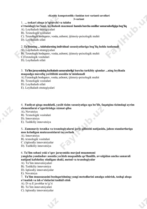 gicha yondashuv asosida yechish maqsadida qo’llanilib, avvalgidan ancha samarali natijani kafolatlay oladigan shakl, metod va texnologiyalar a). ta’lim innovatsiyalari b). tashkiliy innovatsiya d). iqtisodiy innovatsiyalar e). novatsiya 7. ta’lim muassasasini boshqarishning yangi metodlarini amalga oshirish, tashqi aloqa o’rnatish va ish o’rinlarini tashkil etish a). d va e javoblar to’g’ri b). ta’lim innovatsiyalari c). iqtisodiy innovatsiyalar d). tashkiliy innovatsiya 8 faoliyat ma’lum kontseptual yondashuv asosida amalga oshirilib, uning natijasi muayyan tizimning rivojlanishiga yoki uni tubdan o’zgartirishga xizmat qilsa a) .ta’lim innovatsiyalari b ) innovatsiya d) .tashkiliy innovatsiya e). novatsiya 9 . “innovatsion ta’lim” tushunchasi dastlab qaerda asoslangan? a). 1919 yilda berlinda b). 1979 yilda rimda d). 1920 yilda vashingtonda e). 1995 yilda moskvada. 10. lug’aviy jihatdan “innovatsiya” tushunchasi qanday ma’noni ifodalaydi? a). o’zgartirish kiritish b). qo’shimcha kiritish c).yangilik kiritish d) .taklif kiritish 11. .jamiyatning ijtimoiy, iqtisodiy va madaniy ehtiyojlarini, jamiyat va davlatning malakali kadrlarga, shaxsning esa sifatli ta’lim olish bo’lgan talabini …