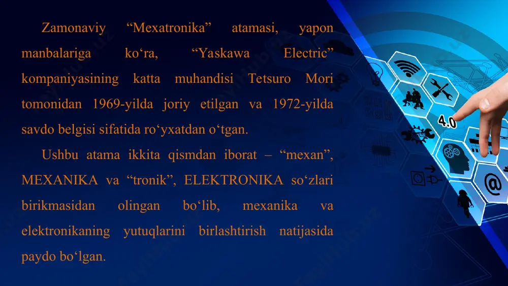 y fppt.com www.free-power-point-templates.com masalan, aqlli uylar, zamonaviy uyro‘zg‘or texnikalari, raqamli videokameralar kabilar mexatronik prinsiplarga asoslanadi. mexatronika va robototexnika tushun­chalari nima uchun birgalikda ishlatiladi? this presentation uses a free template provided by fppt.com www.free-power-point-templates.com ushbu tushunchalarning ko‘pincha birgalikda qo‘llanilishi sababi oddiy: robototexnika mexatronikaning eng mashhur sohasi hisoblanadi. bundan tashqari, mexatronika aynan robototexnika va robototexnik tizimlar, mashinalar kabi qurilmalarni ishlab chiqish bilan shug‘ullanadi. this presentation uses a free template provided by fppt.com www.free-power-point-templates.com mexatronika va uning eng mashhur sohasi bo‘lgan robototexnika bugungi kunda eng istiqbolli yo‘nalishlardan hisoblanadi. lego haqida nimalarni bilasiz? lego (leg-godt – “yaxshi o‘ynang”) – turli xil obyektlarni yig‘ish va modellash uchun har xil o‘lchamdagi detallar to‘plamidir. this presentation uses a free template provided by fppt.com www.free-power-point-templates.com lego group kompaniyasining asosiy idorasi daniyada joylashgan bo‘lib, 1932-yilda tashkil etilgan. lego detallari dastlab oddiy yog‘ochdan yasalgan bo‘lib, asosan, o‘yinchoqlar ishlab chiqarilgan. this presentation uses a free template provided by fppt.com www.free-power-point-templates.com legodan …