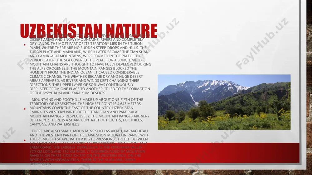 deserts consists of unique bushes. wooden, bushy, grassy plants are well developed in low plains. tugays feature reeds and kendyrs. landscape of submountainous plains is characterized by grass, there are no trees, and bushes may be found along the water flows. various species of onion, tulips, rhubarb, irises grow here. high foothills feature dry steppes with motley grass on gray earth. ushes such as almond-tree, kurchava, cherry grove grow on stony sites. the most valuable wood species - zerafshani archa grows in lower mountains. deciduous species such as maple, hawthorn, various sorts of wild apple-trees, pistachio-tree, walnut-tree, birch, willow, poplar, cherry-tree are also widespread. lower mountains are rich in bushes: honeysuckle, barberry, dog-rose, meadow-sweet, bushes of wild grape. grasses are also very diverse: muscat sage, rhubarb, tulip, pskem onion (precious herb). middle mountains feature dog-rose and other bushes. only 30% of high mountains are covered with plants. mostly tipchak grows …
