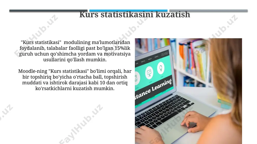 entlarini o'zgartirish mumkin. moodle'da 5 turdagi baholash usullarini (test, topshiriq, vikilar, forumlar va resurslar) qo'llash va har biriga turli ball berish imkoniyati mavjud, shuningdek avtomatlashtirilgan hisobotlar yaratish mumkin. ishlash uslublarini sozlash har bir baholash vazifasi uchun o'ziga xos muddatlar (masalan, topshiriq topshirish muddati 7 kun, test muddati 2 kun) va topshiriqlarning og'irlik koeffitsiyentlarini aniqlash mumkin. talabalar ishlarini avtomatlashtirilgan tekshirish uchun moodle’ning plaginlaridan (turnitin, gradebook) foydalanish orqali aniqlik va samaradorlikni oshirishingiz mumkin. testlarni yaratish va o'rnatish har bir test uchun vaqt limiti, urinish soni va natijalarni ko'rsatish parametrlarini aniq sozlash imkoniyati mavjud. test natijalari avtomatik ravishda baholanadi. test savollari uchun rasmlar, audio va video fayllarni biriktirishingiz mumkin, bu esa testlarni yanada boy va interaktiv qiladi. topshiriqlarni tayyorlash va baholash har bir topshiriq uchun aniq ballar miqdorini belgilash va umumiy ballar sonini 100 ballga moslash, talabalarning natijalarini osongina hisoblash va taqqoslash imkonini beradi. topshiriqlarni tayyorlashda, turli xil savollar turlarini (masalan, tanlash, to'ldirish, …