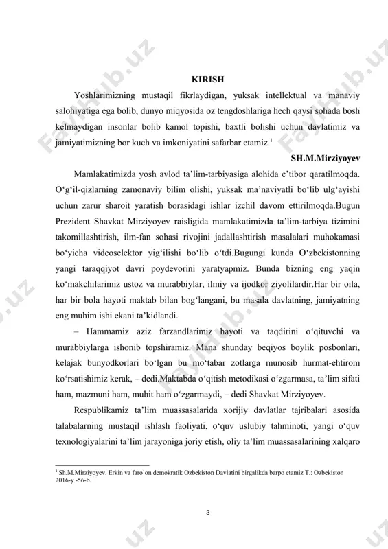 kunda oʻzbekistonning yangi taraqqiyot davri poydevorini yaratyapmiz. bunda bizning eng yaqin koʻmakchilarimiz ustoz va murabbiylar, ilmiy va ijodkor ziyolilardir.har bir oila, har bir bola hayoti maktab bilan bogʻlangani, bu masala davlatning, jamiyatning eng muhim ishi ekani taʼkidlandi. – hammamiz aziz farzandlarimiz hayoti va taqdirini oʻqituvchi va murabbiylarga ishonib topshiramiz. mana shunday beqiyos boylik posbonlari, kelajak bunyodkorlari boʻlgan bu moʻtabar zotlarga munosib hurmat-ehtirom koʻrsatishimiz kerak, – dedi.maktabda oʻqitish metodikasi oʻzgarmasa, taʼlim sifati ham, mazmuni ham, muhit ham oʻzgarmaydi, – dedi shavkat mirziyoyev. respublikamiz ta’lim muassasalarida xorijiy davlatlar tajribalari asosida talabalarning mustaqil ishlash faoliyati, o‘quv uslubiy tahminoti, yangi o‘quv texnologiyalarini ta’lim jarayoniga joriy etish, oliy ta’lim muassasalarining xalqaro ilmiy ta’lim mussasalari bilan xamkorlik aloqalar o‘rnatishi, o‘quv jarayoniga, xalqaro ta’lim standartlariga asoslangan pedagogik texnologiyalar va o‘quv uslubiy materiallarni joriy qilishning mhyoriy asoslari yaratildi va ta’lim muassasalarining infrastruktusi rivojlantirildi. “yoshlarni jismonan sog‘lom, ruhan va aqlan rivojlagan, vatanga sodiq, qahtiy hayotiy nuqtay nazarga ega yoshlarni …