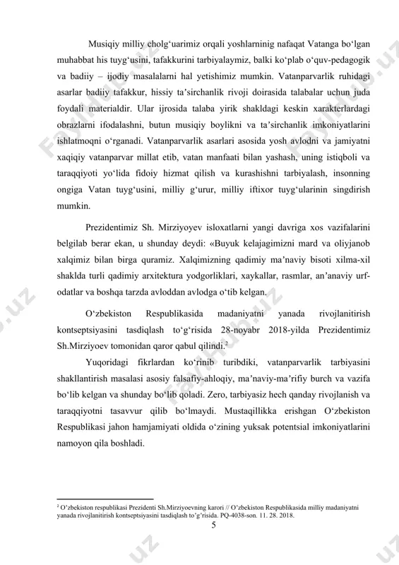 yo‘llarini tanlashda, maʼsuliyatli qarorlar qabul qilishda ko‘maklasha olish kerak. o‘zbekiston respublikasining umumtaʼlim maktablarida hozirgi zamon musiqa taʼlim-tarbiyasining maqsadi-yosh avlodni milliy musiqa maʼrosimizga vorislik qila oladigan hamda umumbashariy musiqa boyligini idrok eta oladigan va qadrlaydigan madaniyatli ona vatanni sevuvchi, erkin fikr yurita oladaigan jaxon arenalarida o‘zining mahorati bilan o‘zbekistonimiz madxini baralla kuylay oladigan inson darajasida voyaga yetkazishdan iboratdir. ilm fan, madaniyat soxalarnida yoshlarni vatanparvarlik ruhida tarbiyalash va ularning ongiga ona yurt, vatan qadrini singdirishda vatanni madh etuvchi musiqalar, qo‘shiqlarning ornini belgilash, yosh o‘sib kelayotgan avlodlarga vatan qo‘shiqlar orqali qalbiga muhabbatni uyg‘otishdir. bu borada o‘zbek estradasi ijodkorlari tomonidan yaratilgan vatanni madh etuvchi kuy va qo‘shiqlarni o‘rganish va ularni tahlil qilishdan iborat. kurs ishining maqsadi: o‘zbek xalq urma zarbli cholg‘ularining tarixiy shakllanishi mazmunini o‘rganish. kurs ishining obyekti. o‘zbek xalq urma zarbli cholg‘ularining tarixiy shakllanishi o‘rganish jarayoni. kurs ishining predmeti. o‘zbek xalq urma zarbli cholg‘u turlarining tahlili kurs ishining vazifalari: · mavzu bo‘yicha ilmiy …