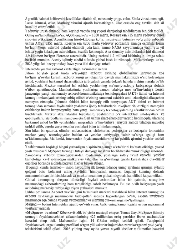 vositalaridan noto'g'ri foydalanishi, har xil zarali axborotlarni qabul qilishi o'zlari bilmagan holatda diniy ekstremizm, terrorizm, fundamentalism, fanatizm kayfiyatidagi turli oqimlarga kirib qolishiga , "ommaviy madaniyat" ta'siri natijasida yoshlarimiz turli ajnabiy kiyimlarni kiyishga, "o'z imidj"larini yaratishga, qizlarimizda o'zbek ayoliga xos bo'lmagan odatlarning avj olishiga va shu kabi axloqqa zid qoidalarni o'zlariga tegishli deb hisoblashiga, hali ongi-tafakkuri shakllanmagan bolalarning pornografiyaga ishqiboz bo'lib qolishiga olib kelmoqda. bu esa, milliy mentalitetni yo'qolib borishiga, insonlarning ma'naviy dunyoqarashi qasshoqlashishiga, o'zligini unitib, manqurtga aylanishiga zamin yaratmoqda. ma'naviy tahdidlarga qarshi kurashish uchun, avvalo, insonlarda turli manaviy dunyosini buzuvchi, zararlovchi buzg'unchi g'oyalarga qarshi kurashish qobig'ini - mafkuraviy immunitetni rivojlantirish zarur. shuningdek, ta'lim-tarbiyani to'g'ri yo'lga qo'ya olsak, yoshlarimizni ommaviy axborot vositalaridan foydalinishini doimiy nazorat qilib borsak ma'naviy tahdidlarga qarshi samarali kurashgan bo'lamiz. oav bu so‘z, obrazlar, musiqa va shu kabi shakllarda axborotlarning tezlikda uzatilishi va ommaviy tarqatilishini ta’minlashga xizmat qiladi. bunday vositalarga ommaviylik, davriylik, tinglovchi yoki o‘quvchilar auditoriyasining kengligi kabi …
