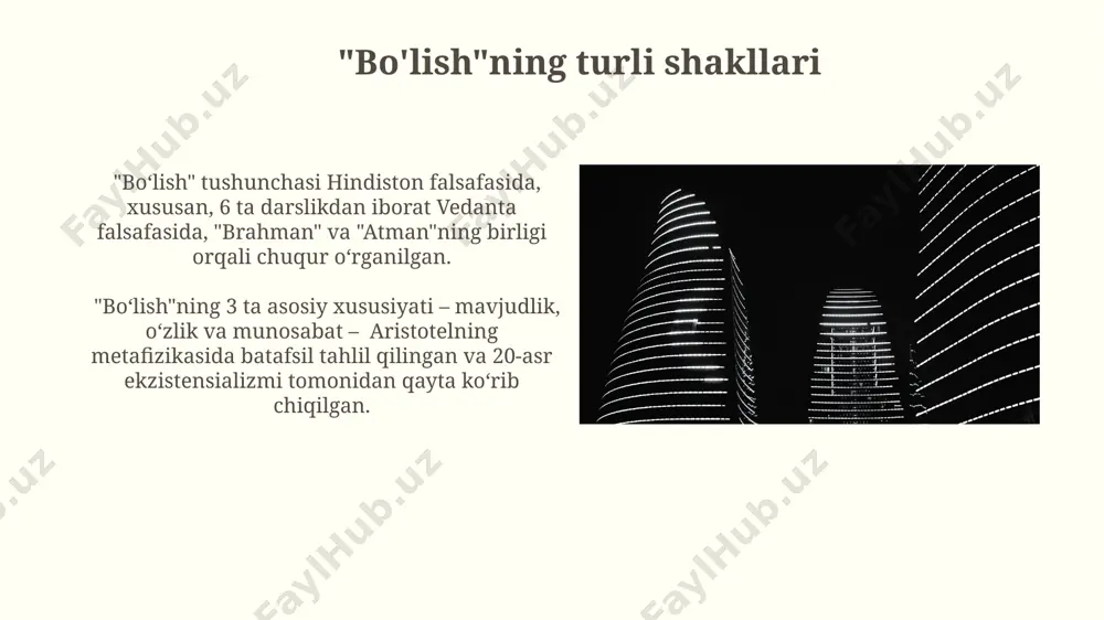 olimlari, 1980-yillardan boshlab, mantiqiy-lingvistik yondashuvlarni qoʻllaydilar, bu esa "boʻlish"ning turli xil maʼnolarini aniqlashga yordam beradi. "bo'lish" va ekzistensializm “boʻlish” tushunchasi, 20-asrning birinchi yarmida evropa, xususan, frantsiya va germaniya felsefasida ekzistensializmning markaziy mavzusi boʻlib, mavjudlikka insonning munosabatini tahlil qiladi. ekzistensializmda “boʻlish”ning 3 xil shakli – “mavjud boʻlish”, “oʻziga xos boʻlish” va “dunyo bilan munosabatda boʻlish” – ajratilib, insonning oʻz tanlovlari orqali oʻz “boʻlishini” shakllantirishini ta'kidlaydi. "bo'lish" tushunchasining kelib chiqishi 17-asrda, evropa ratsionalizmi davrida, dekart (1596-1650) “boʻlish”ni shubha ostiga qoʻyib, “men oʻylayman, demak, men borman” degan mashhur fikrini ilgari surdi, bu esa mavjudotning ong bilan bogʻliqligiga urgʻu berdi. “boʻlish” tushunchasining qadimgi yunonistondagi, miloddan avvalgi 6-5-asrlarga oid faylasuflar, xususan, parmenid va geraklit asarlarida 2 ta qarama-qarshi yoʻnalishda – oʻzgarmaslik va oʻzgaruvchanlik nuqtai nazaridan ilk bor muhokama qilinganligi aniq. "bo'lish" va fenomenologiya o'zbekistondagi zamonaviy falsafa tadqiqotlarida "bo'lish" masalasi 1990-yillardan keyin faollashgan bo'lib, uning turli madaniy va diniy kontekstlardagi 2 ta asosiy talqini muhokama qilinmoqda. …