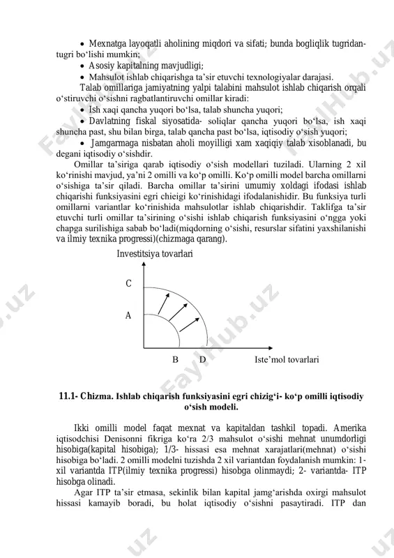 o‘sishning sharti xisoblanadi. shu sababli mulkiy xuquq ximoya qilingan bo‘lishi zarurat xisoblanadi. mulk soxibi undan o‘z bilganicha erkin foydalanib, daromad chiqarib olishi kerak. shundagina u tashabbus ko‘rsatib iqtisodiy o‘sishga xissa qo‘shadi. 7. iqtisodiyotning ochiqligi. bu milliy iqtisodiyotni o‘zgalar uchun ochiq bo‘lishini, bu erga tashqaridan resurslarning erkin kirib kelishini, eksport va importning kengayib borishini anglatadi. ochiq iqtisodiyot sharoitida resurslar, jumladan chet el kapitali ishlab chiqarishning kerakli soxalariga yuborilib, ular rivojini tezlashtiradi, bu bilan yaim ning ko‘payib borishini ta’minlaydi. ochiq iqtisodiyot tashqi savdoning afzalligidan foydalanishga sharoit yaratadi. shu sababli suv yo‘li bilan jaxon bozoriga chiqa oladigan mamlakatlarda iqtisodiy o‘sishga erishish nisbatan engil bo‘ladi. 8. xalqaro bozordagi xolat. bu tashqi bozor kon-yunkturasi bo‘lib, bu erda narxlarni pasayib va oshib turishi eksporti katta mamlakatlardagi iqtisodiy o‘sishga ta’sir etadi. eksport tovarlari narxi oshsa yaim xajmi ortadi. bordi-yu ular pasaysa yaim xajmi xam qisqaradi. masalan, 2003-2006 yillarda jaxon bozorida neft narxining shiddat bilan o‘sishi uni eksport …