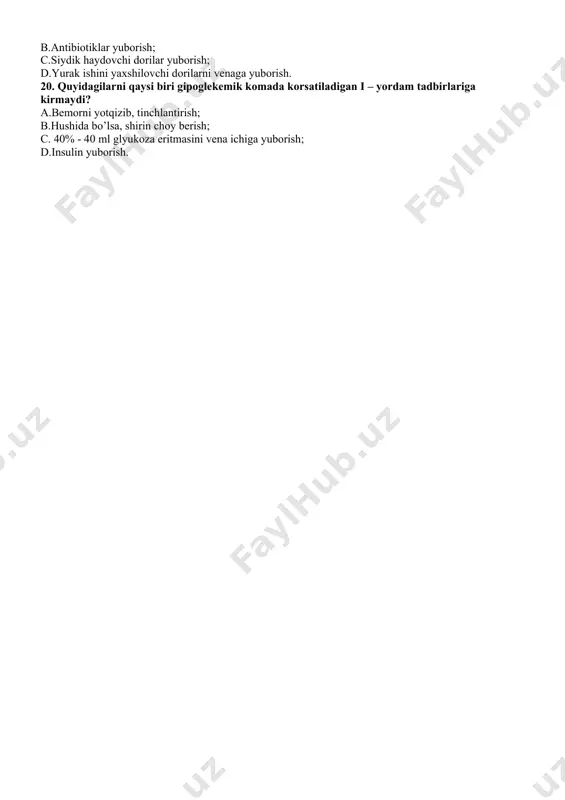 sh mаqsаdidа,plеvrаl suyuqlik оlish vа dоri yubоrish; b. plеvrа bitishmаlаrini аjrаtish; c. brоnxlаrdаn bаlg`аmni so`rib оlish; d. plеvrаning vаzifаsini аniqlаsh uchun. 16.plevra bo`shlig’iga suyuqlik yig’ilib qolganda, tashxis qo`yish yoki davolash maqsadida teshish usuliga nima deyiladi? a. plevral punktsiya; b. stoma; c. abdominal punktsiya; d. torokolyumbal punktsiya. 17 bemor 25 yoshda. qattiq bel og'rig'iga shikoyat qiliyapti. bemor harakat qilganida-o'rnidan turganida, engashganida og'riq kuchayadi. ob'ektiv tekshirganda umutqa pog'onasi bel lordozi yo'qolgan, umurtqa pog'onasi bo'ylab umurtqalarning qirrali o'simtalarni bosganda ivvav-chi bel umurtqalarida qattik og'riq sezadi. lasseg, neri, o'tirish simptomlari ijobiy. sizning tashxisingiz? 0. nevralgiya; 0. radikulit; 0. polinevrit; 0. ganglionit. 18 mushaklar biopotentsiallarini yozib oladigan va ularning funktsional holatlarini, orqa miya nerv o’tkazuvchilari orqali nerv impulslarini o’tkazish xarakterini aniqlash imkonini beradigan tekshirish usuli -bu? a reentsefalografiya (reg); b elektroentsefalografiya (eeg); c dopplerografiya (uzdg); delektromiografiya (emg). 19. travmatik shokni oldini olish uchun bemorga qaysi dori-darmon qilinadi? a.morfin teri ostiga yuborish ; b.antibiotiklar yuborish; c.siydik …
