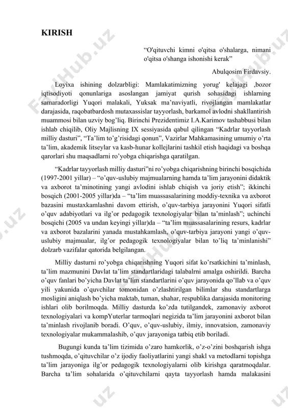 ekan hozirgi, biz yosh avlod “talim to’g’risida”gi qonunimizning mazmunini har birimiz bilishimiz shart va zarurdir. loyixa ishining maqsadi: pedagogik jarayonda axborot kommunikatsiya texnologiyalarini qo’llash orqali ta’lim sifatini oshirish loyixa ishining obyekti: oliy va o’rta ta’lim muassasalarida informatikani o’qitish jarayoni. loyixa ishining predmeti: o’qitish tizimida qo'llaniladigan zamonaviy axborot kommunikatsiya texnologiyalari loyixa ishining vazifalari: 1. mavzuga doir axborotlarni yig’ish va rejani shakllantirish; 2. ta’lim sifati va samaradorligini yaxshilash orqali ta’lim natijasini ta’minlash yo’llarini aniqlash; 3. umumiy o'rta va o'rta maxsus ta'lim tizimida akt ni qo'llash muammolarini tahlil etish; 4. zamonaviy akt vositaalrini turlari, vazifalarini o’rganish. o’qitish tizimida uni qo'llashning dolzarbligini aniqlash; 5. kurs ishini jihozlab, uni himoyaga tayyor qilish. i bob. zamonaviy ta'lim texnologiyalari va texnikasining o'quv jarayoni 1.1. texnikaviy o'quv texnologiyalar ta’lim arabcha so’zdan olingan bo’lib, ilm- fan yoki kasb- hunar sohalari bo’yicha egallanishi zarur bo’lgan ma’lumot va ko’nikmalar majmui tushuniladi. jarayon ish-harakat, voqea- hodisaning borishi, rivoji, oqimi, protsessidir. ta’lim jarayoni …