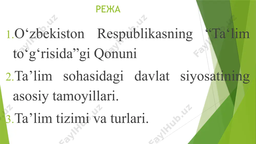 an eʼtiboran 5 yil davomida akkreditatsiyadan o‘tgan deb hisoblanadi, bu muddat tugagach, ushbu attestatsiya va akkreditatsiyadan o‘tkaziladi. davlat akkreditatsiyasidan o‘tgan tashkilotlar maxsus reyestrga kiritiladi, bu haqdagi maʼlumotlar taʼlim inspeksiyasining saytiga joylashtiriladi; ta`lim turlari: maktabgacha ta’lim va tarbiya; (maktabgacha ta’lim va tarbiya olti yoshdan yetti yoshgacha bo‘lgan bolalarni boshlang‘ich ta’limga bir yillik majburiy tayyorlashni ham nazarda tutadi.) umumiy o‘rta va o‘rta maxsus ta’lim;( umumiy o‘rta va o‘rta maxsus ta’lim umumta’lim o‘quv dasturlarini, zarur bilim, malaka hamda ko‘nikmalarni o‘zlashtirishga qaratilgan. umumiy o‘rta ta’lim (i — xi sinflar) bosqichlari quyidagilardan iborat: boshlang‘ich ta’lim (i — iv sinflar); tayanch o‘rta ta’lim (v — ix sinflar); o‘rta ta’lim (x — xi sinflar). professional ta’lim; professional ta’lim egallanadigan kasb va mutaxassislik bo‘yicha quyidagi darajalarni o‘z ichiga oladi: (boshlang‘ich professional ta’lim; o‘rta professional ta’lim; o‘rta maxsus professional ta’lim. oliy ta’lim; oliy ta’lim ikki bosqichga — bakalavriat va magistratura bosqichiga ega. bakalavriat oliy ta’lim yo‘nalishlaridan biri bo‘yicha chuqurlashtirilgan …