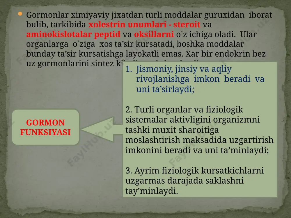 o'yinning oldingi qismida shish (buqoq) hosil bo'ladi. ichiladigan suvga va tuzga kaliy yodid qo’shish hamda antistrumin dorisi ichish olqali davolanadi. bu bez to'rtta bo'lib, qalqonsimon bezning orqa yuzasiga yopishib turadi. ularning umumiy og'irligi 100-150 mg ni tashkil qiladi. qalqon oldi bezlaridan paratgormon ishlab chiqariladi. bu gormon odam organizmida kalsiy-fosfor almashinuvini tartibga solib turadi. qalqon oldi bezi gormon kam ishlab chiqarilsa, nerv-muskul tizimining qo'zg'aluvchanligi ortib, odamning qovoqlari, lablari pirpirab uchadi, qo'llari qaltiraydi. gormon juda kamayib ketsa, soch to'kiladi, suyaklar yumshab, egiluvchan, mo'rt bo'lib qoladi, nerv-muskul sistemasining qo'zg'aluvchanligi ortib ketib, odam tanasining umumiy qaltirashi, ya'ni tutqanoq (tetaniya) holati yuzaga keladi. paratgormon ishlab chiqarilishi ko'paysa, nerv-muskul sistemasining qo'zg'aluvchanligi pasayib, tana muskullari bo'shashib qoladi, odam umumiy holsizlanadi, tez charchaydi. qalqon oldi bezi to'sh suyagining orqa yuzasida joylashgan. uning massasi chaqaloqlarda 12 g bo'lib, to balog'atga yetish davrigacha, ya'ni 14-15 yoshgacha kattalashib, 30-40 g ga yetadi. so'ngra bezning hajmi asta-sekin kichiklasha boradi va yog’ moddasiga …