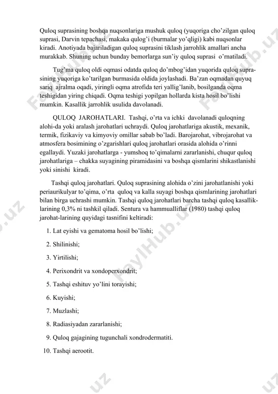 lohida o’rinni egallaydi. yuzaki jarohatlarga - yumshoq to’qimalarni zararlanishi, chuqur quloq jarohatlariga – chakka suyagining piramidasini va boshqa qismlarini shikastlanishi yoki sinishi kiradi. tashqi quloq jarohatlari. quloq suprasining alohida o’zini jarohatlanishi yoki periaurikulyar to’qima, o’rta quloq va kalla suyagi boshqa qismlarining jarohatlari bilan birga uchrashi mumkin. tashqi quloq jarohatlari barcha tashqi quloq kasallik-larining 0,3% ni tashkil qiladi. sentura va hammualliflar (1980) tashqi quloq jarohat-larining quyidagi tasnifini keltiradi: 1. lat eyishi va gematoma hosil bo’lishi; 2. shilinishi; 3. yirtilishi; 4. perixondrit va xondoperxondrit; 5. tashqi eshituv yo’lini torayishi; 6. kuyishi; 7. muzlashi; 8. radiasiyadan zararlanishi; 9. quloq gajagining tugunchali xondrodermatiti. 10. tashqi aerootit. jarohatning darajasi klinik belgilar, chakka suyagining rentgenografiyasi va kom-pyuter tomografiya tekshiruvlari yordamida aniqlanadi. quloq suprasi jarohati zarb tegishi, tishlash yoki lat eyish natijasida yuzaga kelib, janjal, o’yin yoki sport musobakalari paytida sodir bo’ladi. bunda tashqi, o’rta va hatto ichki quloq u yoki bu darajada jarohatlanib, quloq suprasini qisman …