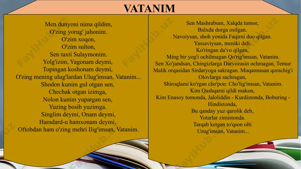 shu musiqani xirgoyi qilib ash'or bitganday. she'rdagi mazmun va ohang rivoji (dinamizmi) musiqada ikkinchi umrini boshlaydi, xonanda ovozi goh kuchayib, goh pasayib o'zbekning tarixiy ko'tarilish va tanazzul bosqichlarini ifoda etadi. find more powerpoint templates on prezentr.com! aslida, vatan to'g'risidagi, yurtimiz tarixida o'tgan ulug'lar nomlarini birma-bir sanab, moziyda bo'lgan voqealarni eslab, ularga hamd-u sanolar aytish tarzida yozilgan she'rlarning soni boru sanog'i yo'q. ularning deyarli barchasida amir temur, manguberdi, navoiy va boburlar, cho'lpon va fitratlar, albatta, tilga olinadi, hammaga ma'lum sifat va o'xshatishlar orqali ular ulug'lanadi. biroq nima uchun ularning ko'pchiligi muhammad yusuf she'ri singari mashhur bo'lmadi? nega bu she'riy tizmalar millionlar ko'ngliga jonli his bo'lib ko'chib o'tmadi? find more powerpoint templates on prezentr.com! demak, vatan to'g'risida kuylash ham har xil bo'lar ekanda. bu she'r-u qo'shiqning ham samimiysi, yurakdan chiqib yurakka boradigani va... aksincha ta'sir qiladigani bo'lar ekanda. avvalgi darslarda ozod sharafiddinovning inson qalbidagi vatan tuyg'usi, unga sadoqat hislariga bag'ishlangan «o’lsam, ayrilmasman …