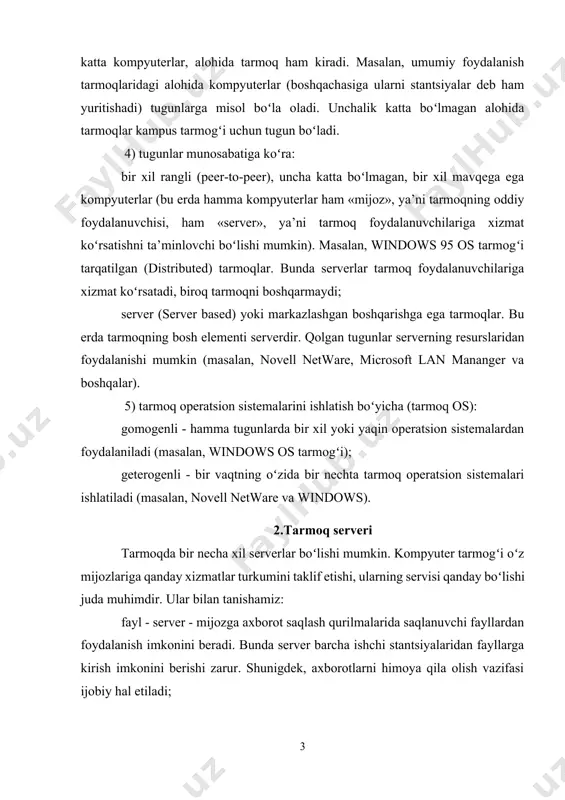 imkonini beradi. bunda server barcha ishchi stantsiyalaridan fayllarga kirish imkonini berishi zarur. shunigdek, axborotlarni himoya qila olish vazifasi ijobiy hal etiladi; print - server umumiy holda koʻpgina mijozlarga bir nechta printer orqali xizmat koʻrsatishni ta’minlaydi. bunda server chop etiluvchi axborotlarni qabul qila olishi va ularni navbati bilan chop etishga chiqarishi kerak; 2.1-rasm. fayl server, print va faks – serverlarga misol faks – server-mijozlarga faks-modem telefon tarmoqlari bilan mujassam tarmoqli xizmat koʻrsatishni ta’minlaydi. bu goʻyo axborot chiqarishga oʻxshaydi (printer kabi). faks-server olgan faksimal xabarlar alohida tarmoqda qayta ishlanadi. elektron pochta (e-mail) - mijozlar oʻrtasida, ular bir-birlaridan qancha uzoqlikda joylashganligidan qat’iy nazar, axborot almashishni ta’minlaydi. bu yerda jarayon xuddi oddiy pochta kabi kechadi. elektron xat oʻz adresiga ega. uni joʻnatuvchi desak, qabul qiluvchi xam oʻz adresiga ega. “xat” pochta qutisiga tashlanadi (ya’ni pochta serveri) va pochta serverlar sistemasi yordamida qabul qiluvchi pochta qutisiga yetkaziladi, ya’ni bu erda uzatuvchi va qabul qiluvchining maxsus …