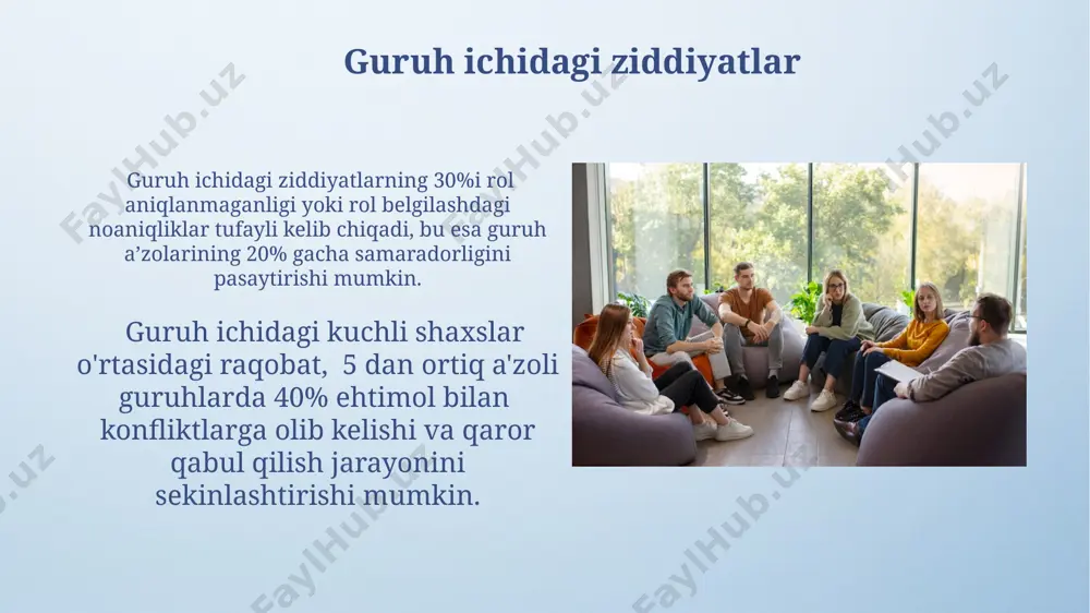 lgan guruh bosimi, masalan, 30% holatlarda noqulay qarorlar qabul qilinishiga olib keladi. guruhlarda rol taqsimoti, masalan, lider, vazifador va muloqotchi kabi, guruhning samaradorligiga va qo'yilgan maqsadlarga erishishga sezilarli ta'sir ko'rsatadi. guruhdagi ijtimoiy taqqoslash downward social comparison (past ijtimoiy taqqoslash) esa guruh a'zolarining 25% da o'z-o'zini hurmat qilishni oshirishga yordam beradi, ammo ba'zida rivojlanish va o'z ustida ishlash motivatsiyasining pasayishiga olib kelishi mumkin. guruhdagi ijtimoiy taqqoslash jarayonida shaxslar o'zlarini boshqalar bilan solishtirib, o'z qobiliyatlari va xususiyatlarini 70% gacha aniq baholaydilar, bu esa o'z-o'zini hurmat qilish va guruhga moslashuv darajasiga ta'sir qiladi. guruhga kirish va chiqish guruhga qo‘shilish jarayoni o‘rtacha 3 bosqichdan iborat bo‘lib, ularga moslashuv, qabul qilinish va to‘liq integratsiya kiradi, bu jarayon shaxsning guruh normasiga moslashuvchanligini va ijtimoiy ko‘nikmalarini aks ettiradi. guruhdan chiqishning stress darajasi shaxsning guruhga bog‘liqligiga va guruh normasiga moslashuv darajasiga bog‘liq bo‘lib, ular orasida korrelyatsiya koeffitsienti 0,7 dan yuqori bo‘lishi mumkin. kichik guruhlarning shakllanishi kichik guruhlar odatda …
