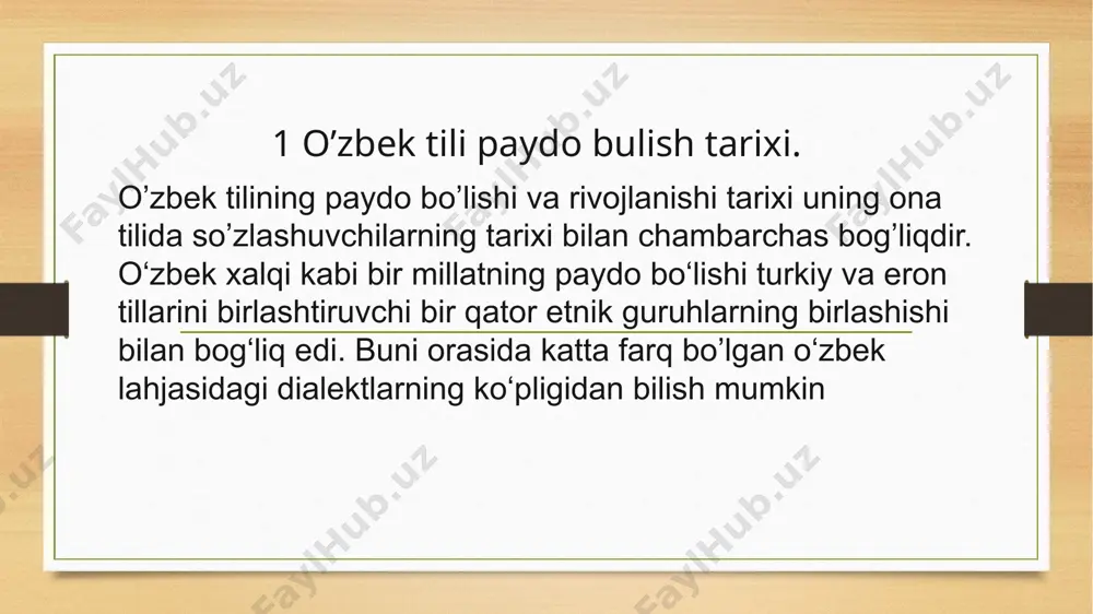 kumatning, uning yangi rahbarining elga, yurtga nisbatan e'tibori, ehtiromi namoyon etildi. . til har bir millatning ulkan boyligi, benazir qadriyati va bebaho mulki hisoblanadi. har bir xalq, har bir elat, o‘zi hurmat va ehtirom qiladigan tilga ega. tilda ana shu tilning ijodkori bo‘lgan xalq, elatning tarixi va madaniyati aks etadi. ayni zamonda, til ijtimoiy taraqqiyotda ulug‘vor ahamiyat kasb etadi . til – har bir millat o‘zligining ajralmas belgisidir. o‘zbek tili – o‘zbekiston respublikasi aholisining mutlaq ko‘pchiligi bo‘lmish o‘zbek xalqining ona tilidir. u o‘zbekiston birligi va yaxlitligi, jamiyat jipsligining muhim omili hisoblanadi. 3)o’zbek tilining nuzfuzini oshirish buyicha olib borilgan chora tadbirlar va hukumat qarorlari. prezidentimiz 2019 yil 21 oktabr kuni «o‘zbek tilining davlat tili sifatidagi nufuzi va mavqeini tubdan oshirish chora-tadbirlari to‘g‘risida» farmon qabul qildi. unga binoan 21 oktabr sanasi yurtimizda «o‘zbek tili bayrami kuni» deb belgilandi. ona tilimiz fidoyilari, butun xalqimiz bu xushxabarni katta xursandchilik bilan qarshi oldi. prezident ona …