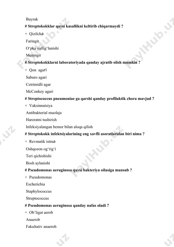 gazli gangrenaning yashirin davri necha kun ? + 1 5 81 714 21 # bemorga c.perfringens, c.novyi, c.septicum larga qarshi qanday zardob yuboriladi ? + «diaferm 3» spazmalitik og‘riq qoldiruvchi dif3 # gazli anaerob infeksiyalarga qarshi qaysi antibiotiklar ishlatiladi ? + strreptomitsin furatsilin polimiksin siproks # gazli anaerob infeksiyalarga qarshi qaysi antibiotiklar ishlatiladi ? + sefallosporin furatsilin polimiksin siproks # gazli anaerob infeksiyalarga qarshi davolashda faglardan va kislorodterapiya usulidan foydalanish mumkinmi ? + ha yuq faglardan qisman foyda beradi # gazli anaerob infeksiyali bemorga jarrohlik yordami ko‘rsatilgandan so‘ng profilaktika maqsadida oz miqdorda qanday antitoksik zardob yuboriladin ? + poli valent monovalent divalent imunoglobulin # quydagi qaysi infeksiyda klinik manzarasi tipik bulganligi uchun laborator tekshiruv kam o‘tkaziladi ? + c. tetanii cl.sordeli cl.histolyticum c.dificile # qoqsholda kasallikdan so‘ng qanday kuchsiz immunitet hosil bo‘ladi va shuning uchun qayta kasallanish mumkin ? + anti toksik turg‘un suniy aktiv # qoqsholda yashirin davri 414 …
