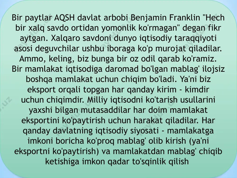 fuqarolari mulkidan tushgan daromadlar bilan mamlakatdan chiqib ketgan chet elliklar daromadlari oʻrtasidagi farqni qoʻshish kerak. chet eddagi mulklardan tushgan daromadlar saldosi ijobiy boʻlsa yamm hajmi yalpi ichki mahsulotdan koʻp, aksincha holatda kam boʻladi http://iqtisod.uz manbaa e`tiboringiz uchun raxmat. /docprops/thumbnail.jpeg