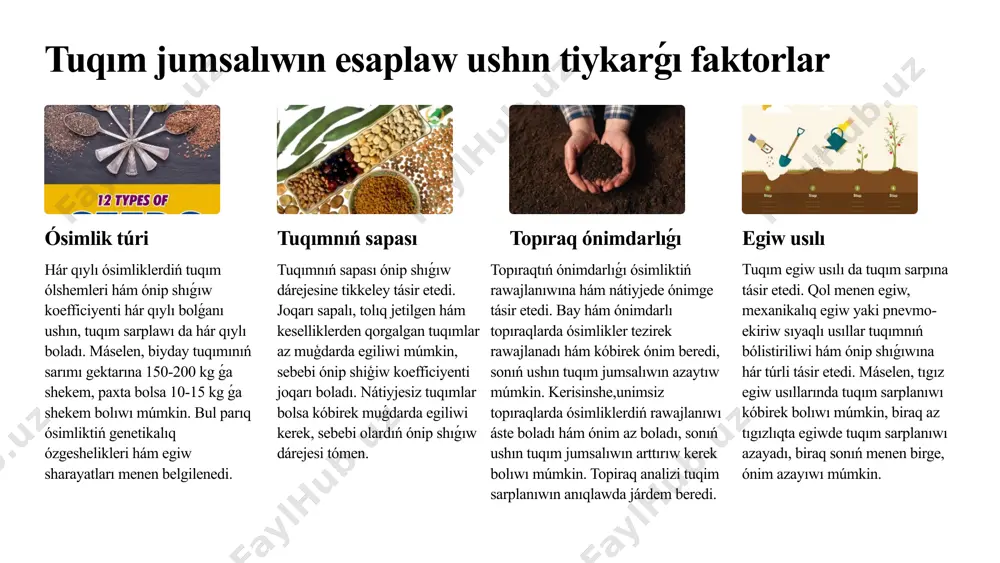etedi. máselen, tıgız egiw usıllarında tuqım sarplanıwı kóbirek bolıwı múmkin, biraq az tıgızlıqta egiwde tuqım sarplanıwı azayadı, biraq sonıń menen birge, ónim azayıwı múmkin. 4 tuqım sarpın esaplaw usılları tájiriybe usılı hár qıylı tuqım sarpları (máselen, 100 kg/ga, 120 kg/ga, 140 kg/ga) menen bir neshe sınaw maydanshası tayarlanadı. hár bir maydanshada birdey sapalı tuqımlar egiledi. keyin ala, ónim muģdarı ólshep, esaplanadı. eń joqarı ónimdarlıq bergen tuqımnıń jumsalıwı optimal dep esaplanadı. bul usıl anıq, biraq waqıt talap etedi hám kóp resurs jumsalıwın talap etiwi múmkin. standart keste usılı ósimlik túri (biyday, arpa, salı, paxta hám basqalar), topıraq túri (qumıq, sol, qara topıraq), egiw usılı (qolda, mashina menen) hám topıraq ónimdarlıǵı (ortasha, joqarı, tómen) sıyaqlı faktorlardı esapqa alǵan halda dúzilgen tayar kestelerden paydalanıladı. kestedegi maǵlıwmatlarǵa muwapıq, belgili bir sharayatlar ushın usınıs etilgen tuqımnıń jumsalıwı anıqlanadı. bul usıl tez hám qolaylı, biraq hár qashan da anıq emes, sebebi hár bir maydannıń sharayatları kestede …