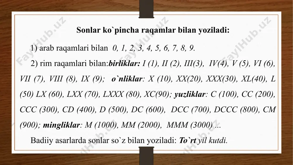 . 3. juft predmetlar hisobini ko`rsatuvchi hisob so`zlari: juft, par, jo`ra kabi. 4. og`irlikni o`lchash uchun ishlatiladigan hisob so`zlari: gramm, kilogramm, tsentner, tonna kabi. eski o`zbek tilida misqol, qadoq, botmon kabi otlar og`irlik miqdorini hisoblash uchun ishlatilgan: namangan va andijon tumanlarida ikki ming botmongacha yer sug`orilar edi. (a.qodiriy) 5. uzunlik o`lchovi uchun ishlatiladigan hisob so`zlari: millimetr, santimetr, metr, kilometr, qadam, qarich, quloch kabi. bu hisob so`zlarining gaz, tanob, tosh, chaqirim kabi sinonimlari mavjud bo`lib, hozir bu so`zlar arxaiklashgan hisob so`zlari sanaladi. 6. suyuqlik hajmini ifodalovchi hisob so`zlari: litr, kosa, stakan, piyola, qoshiq, ho`plam, hovuch, chelak kabi. 7. pul qiymatini ifodalovchi hisob so`zlari: tiyin, so`m, dollar kabi. tanga, chaqa, tilla so`zlari ilgari pul qiymatini hisoblash uchun ishlatilgan bo`lib, hozirgi kunda arxaik so`zlar qatoridan o`rin olgan: solih maxdum ... bir tangalik go`sht, sakkiz pullik piyoz olib hovliga kirdi. (a.qodiriy) 8. vaqt o`lchovi uchun ishlatiladigan hisob so`zlari: asr, yil, oy, hafta, sutka, kun …