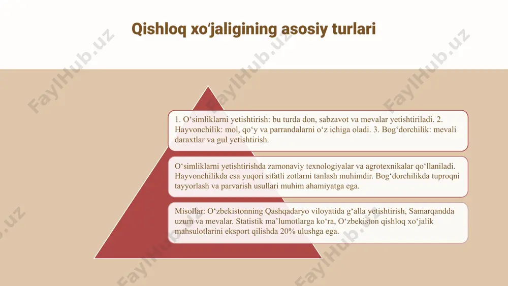 shloq xo‘jaligi mintaqalari dunyo bo'ylab qishloq xo‘jaligi mintaqalari: 1) tropik mintaqalar - palma yog'i va shakar qamish. 2) o'rta yer dengizi mintaqalari - zaytun va uzum. 3) mo'tadil mintaqalar - bug'doy va arpa. har bir mintaqaning o'ziga xos xususiyatlari mavjud: tropik mintaqalarda suv resurslarini boshqarish, o'rta yer dengizi mintaqalarida esa sabzavotlar uchun qulay iqlim mavjud. global qishloq xo‘jaligi savdosi jahon bozorida qishloq xo‘jaligi mahsulotlari savdosi global iqtisodiyot uchun muhim ahamiyatga ega. bu savdo nafaqat oziq-ovqat xavfsizligini ta'minlaydi, balki mamlakatlar o'rtasidagi iqtisodiy aloqalarni ham mustahkamlaydi. qishloq xo‘jaligi mahsulotlari, jumladan, don, meva-sabzavot va go‘sht mahsulotlari xalqaro savdoda muhim rol o'ynaydi. shu sababli, qishloq xo‘jaligi savdosi tendensiyalari va o'zgarishlari doimo e'tiborda bo'lishi zarur. savdo yo‘nalishlari va tendensiyalari quyidagilarni o'z ichiga oladi: - oziq-ovqat mahsulotlari savdosi o'sishi - innovatsion texnologiyalarning joriy etilishi - savdo siyosatining global darajada o'zgarishi - mintaqaviy savdo kelishuvlari savdo siyosati va qoidalari esa quyidagilarni ko'zda tutadi: - tariflar va kvotalar …