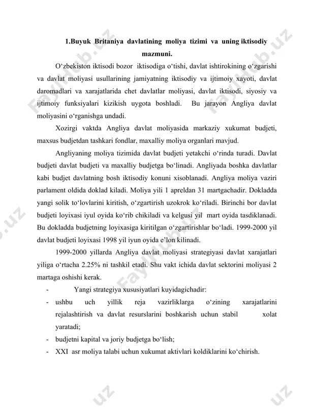 iya talabi uchun xukumat aktivlari koldiklarini ko‘chirish. shuni ta’kidlash kerakki davlat moliyasining strategik rivojlanishi angliya xukumatining fiskal strategiyasiga va milliy xisobning xalkaro tajribasiga mos. 2. buyuk britaniya daromad va xarajatlar tizimi. angliya davlat budjeti joriy xarajatlar va daromadlarga va kapital budjetga bo‘linadi. angliyaning joriy budjeti daromadlari soliklar: to‘gri soliklardan tashkil topgan. bundan tashkari joriy budjet daromadlariga sugurta to‘lovlari xam kiradi. joriy budjet mablaglari xisobidan sanoat, kishlok xo‘jaligi, soglikni saklash moliyalashtiriladi. kapital budjet daromadlari davlat korporatsiyalari va davlat xokimlik organlari kreditlari, angliya banki departamenti emissiyasi foydasidan iborat. kapital budjet xarajatlari davlat karzi bo‘yicha foizlar va kapital ko‘yilmalarga ajratilgan uzok muddatli kreditlardir. budjetdan tashkari davlat fondlari davlat budjeti kabi angliyaning moliya tizimining bir kismini tashkil etadi. ular ichida ijtimoiy va ilmiy-izlanish fondlari axamiyatli. ijtimoiy fondlari axoliga ijtimoiy xizmat ko‘rsatish uchun mo‘ljallangan resurslarni jamlaydi. fondlar uch manba: soglikni saklash, sugurta, sugurta to‘lovlaridan iborat. angliyada ijtimoiy fond badallari 5.7 - 9% ni tashkil etadi. …