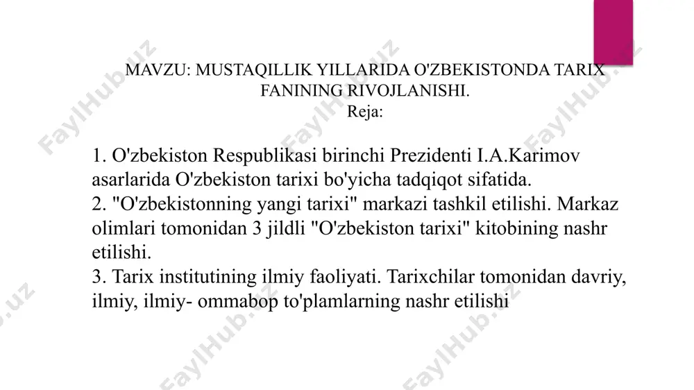 shkil etilgan. institut olimlari vatanimiz tarixining yoritilmagan sahifalari, o'zbek xalqi etnogenezi va etnik tarixi, o'zbekistonning boy moddiy hamda ma'naviy madaniyati tarixini o'rganish bilan shug'ullangan. institut tashkil etilgandan buyon rossiya va markaziy osiyo respublikalarining yirik ilmiy markazlari bilan o'zaro hamkorlikda ilmiy-metodik anjumanlar, davra suhbatlari, seminarlar hamda simpoziumlar faoliyati "tarix fanining dolzarb muammolari" mavzusidagi maqolalar to'plamlari tarzida chop etilgan. tarix fanida yangi dunyo qarashlar. tarixga qiziqishning ortishi. o‘zbekiston prezidenti i. karimov asarlarida o‘zbekiston tarixi bo‘yicha tadqiqot sifatida. o‘zbekiston respublikasi vazirlar mahkamasining «o‘zbekiston fa tarix instituti faoliyatini takomillashtirish» haqidagi (1998 yil) qarori. 1996 yilda o‘zbekiston respublikasi prezidenti huzuridagi davlat va jamiyat qurilishi akademiyasi huzurida “o‘zbekistonning yangi tarixi” markazi tashkil etilishi. markaz olimlari tomonidan 3 jildli “o‘zbekiston tarixi” kitobining nashr etilishi. tarix institutining ilmiy va tashkiliy faoliyatida tub o'zgarishlar o'zbekiston mustaqillikka erishganidan so'ng sodir bo'ldi. sovet davrida tarix fani sof g'oyaviy va siyosiy xususiyatga ega bo'lib, kommunistik mafkurani targ'ib qilish uchun xizmat qildi. mustaqillikning …