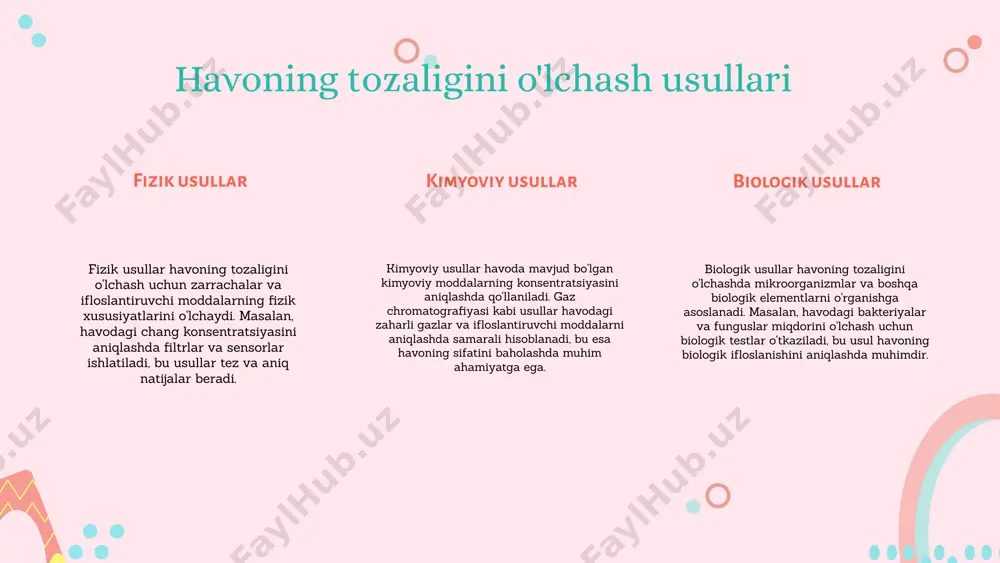 logik tekshiruvi havoning mikrobiologik tozaligini baholash uchun biologik usullar muhimdir. ushbu usullar orqali havodagi bakteriyalar va boshqa mikroorganizmlar aniqlanadi. misol uchun, umumiy bakteriyalar sonini o'lchash uchun agar plitalaridan foydalaniladi, shuningdek, spora hosil qiluvchi bakteriyalarni aniqlash uchun maxsus o'lchovlar qo'llaniladi. havo sifatini baholashda aniqlangan mikroorganizmlar sog'liq uchun xavf-xatarlarni keltirib chiqarishi mumkin, masalan, allergik reaktsiyalar yoki infeksion kasalliklar. olingan natijalar, havo tozaligini yaxshilash va salomatlikni saqlash uchun zaruriy choralarni ko'rishga yordam beradi. photo by nicolas hoizey on unsplash o'zbekiston uchun maxsus talablar o'lchash va baholash talablar o'zbekistonda havoning tozaligini o'lchash va baholash uchun maxsus talablar mavjud. ushbu talablar, mamlakatning ekologik holatini yaxshilash va havoning sifatini ta'minlash uchun muhimdir. bu talablar xalqaro standartlarga asoslanib, o'ziga xos sharoitlarga mos kelishi kerak. mavjud standartlar o'zbekistonda havoning tozaligini saqlash uchun bir qator standartlar mavjud. bu standartlar havodagi zararli moddalar miqdorini belgilaydi va ularning nazoratini ta'minlaydi. mavjud standartlar o'zbekiston respublikasi ekologiya va atrof-muhitni muhofaza qilish davlat qo'mitasi …